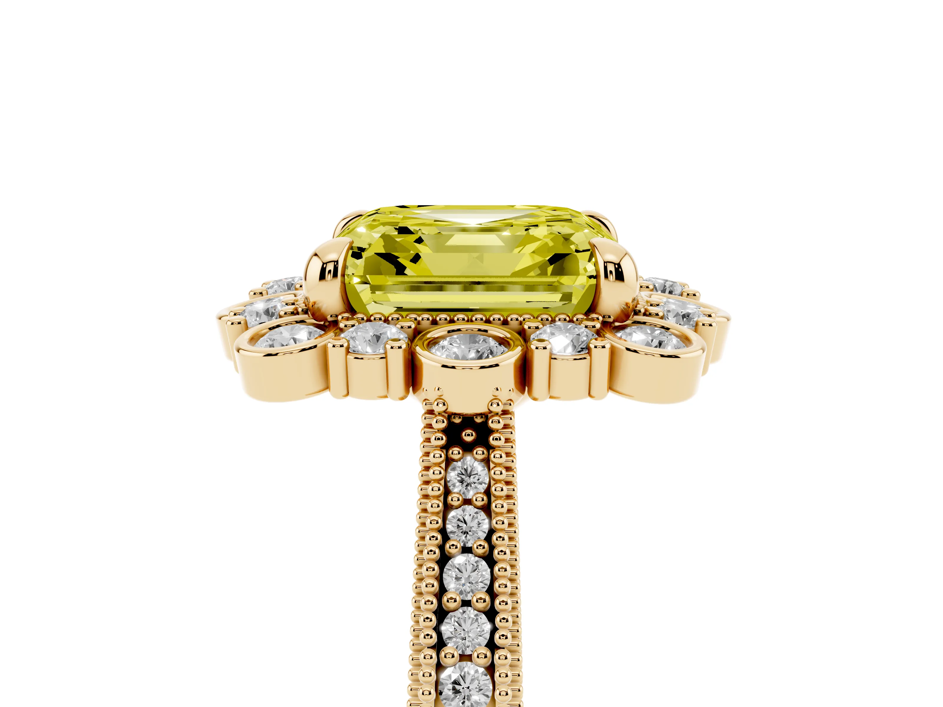Fancy Yellow Asscher Cut Diamond Halo Milgrain Pavé Ring Set in Yellow gold with Prong Setting