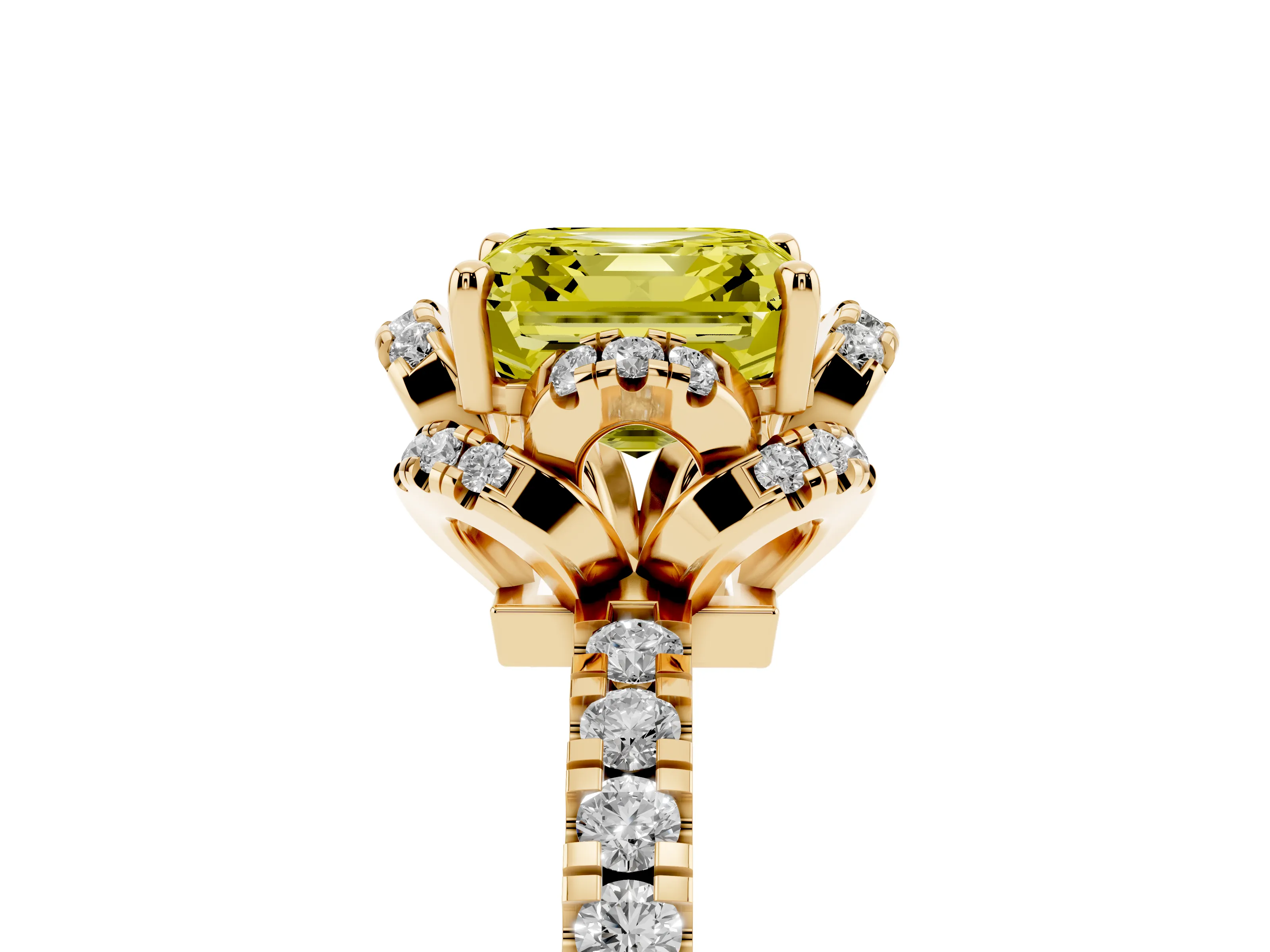 Fancy Yellow Asscher Cut Diamond Halo Pavé Band Ring Set in Yellow gold with Prong-Held Center