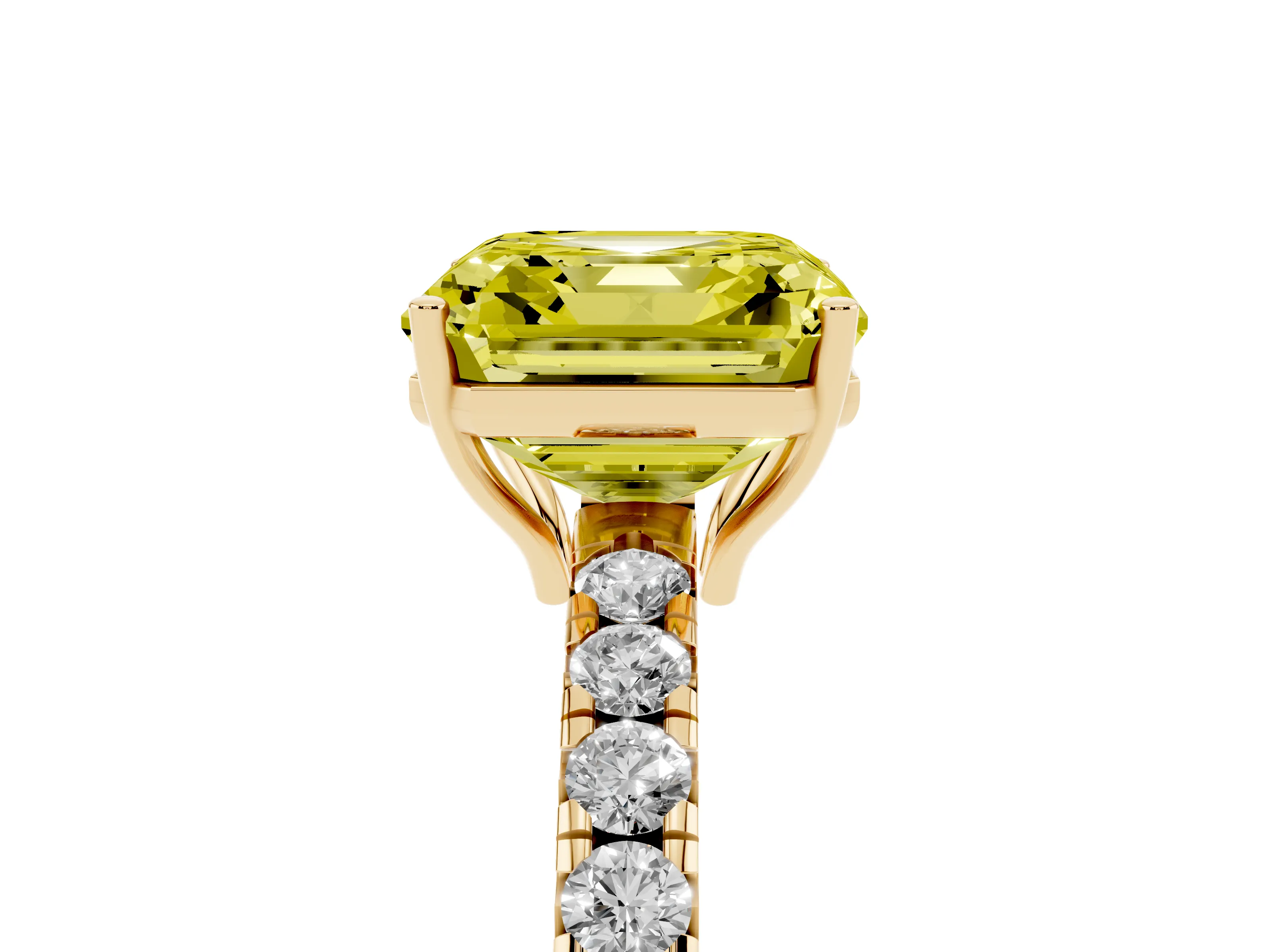 Fancy Yellow Asscher Cut Diamond Pavé Solitaire Engagement Ring Set in Yellow gold with Prong Setting