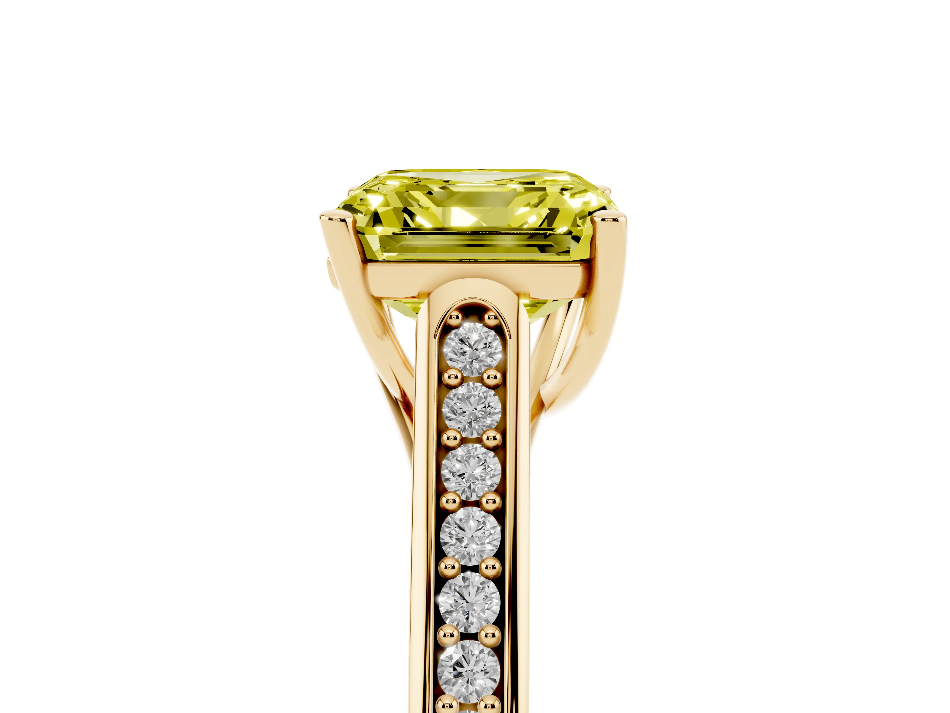 Fancy Yellow Asscher Cut Diamond Solitaire Cathedral Engagement Ring Set in Yellow gold with Channel-Set Band and Prong Setting