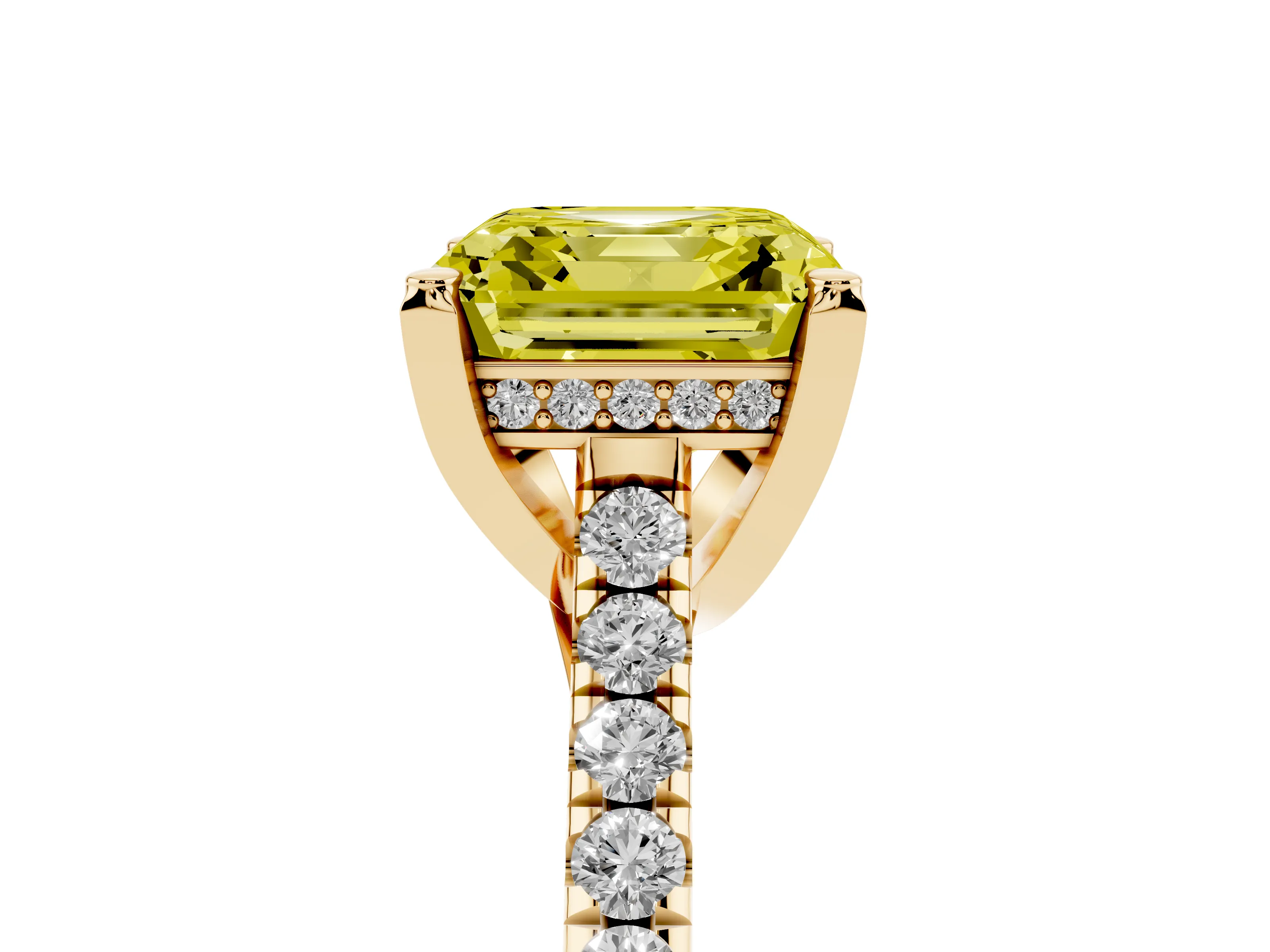 Fancy Yellow Asscher Cut Diamond Solitaire Ring Set in Yellow gold with Brilliant Pavé Band and Prong Setting