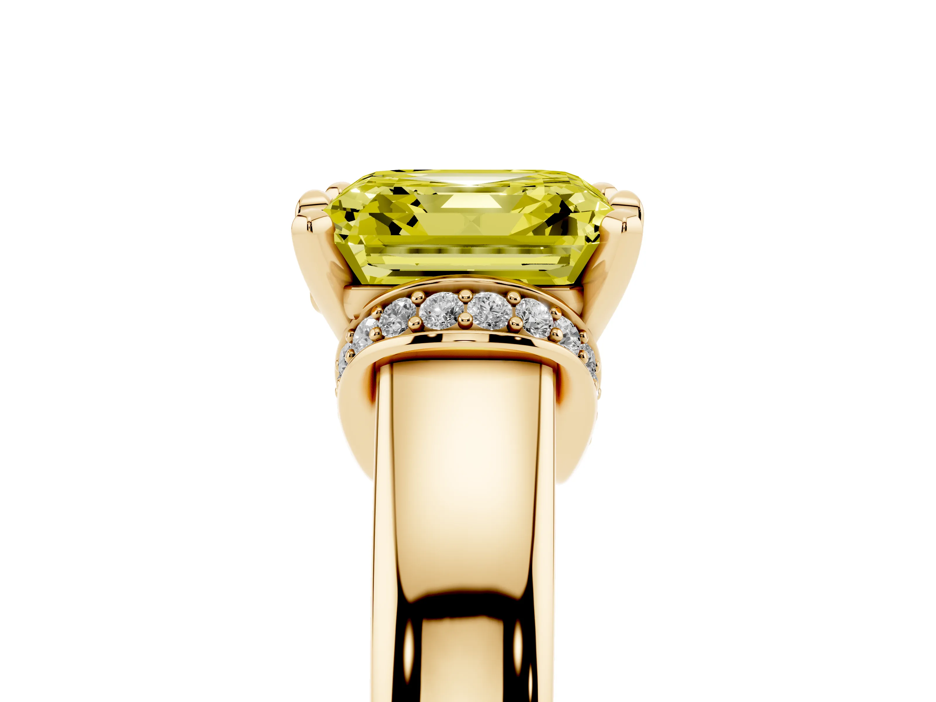 Fancy Yellow Asscher Cut Diamond Pavé Band Solitaire Ring Set in Yellow gold with Prong Setting