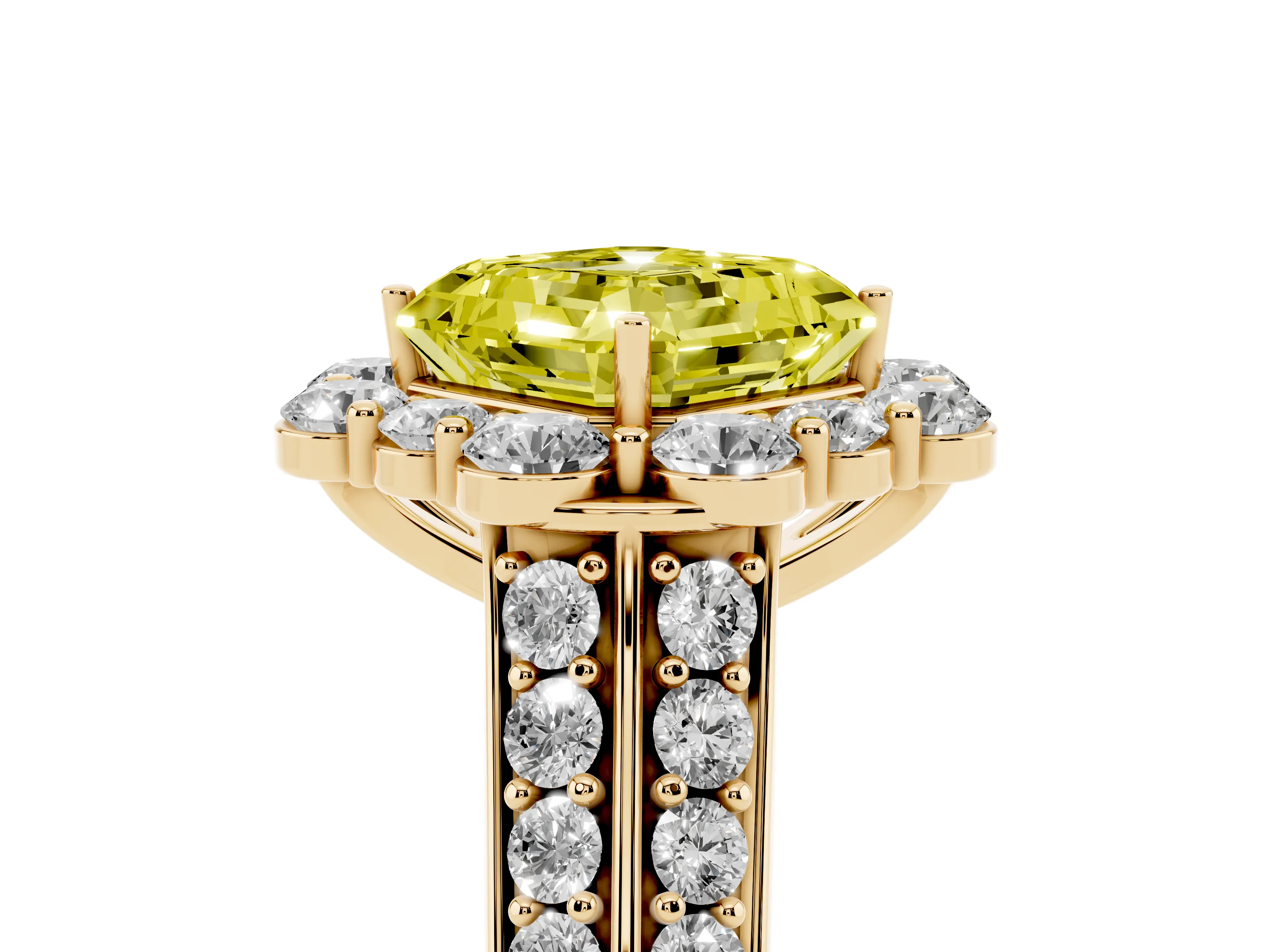 Fancy Yellow Asscher Cut Diamond Halo Engagement Ring Set in Yellow gold with Split Shank and Prong Setting