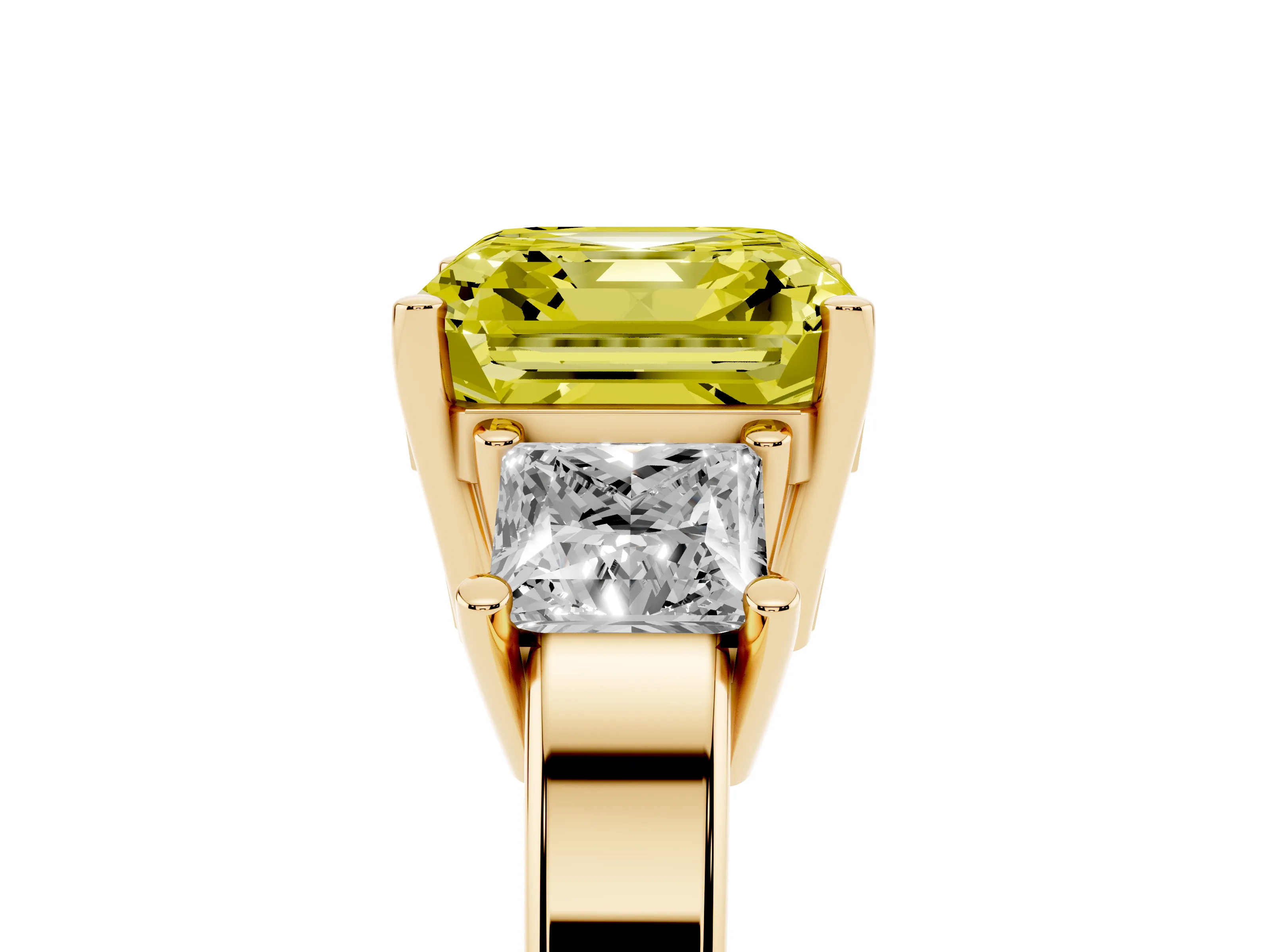 Fancy Yellow Three-Stone Asscher Cut Diamond Solitaire Ring Set in Yellow gold with Prong Setting