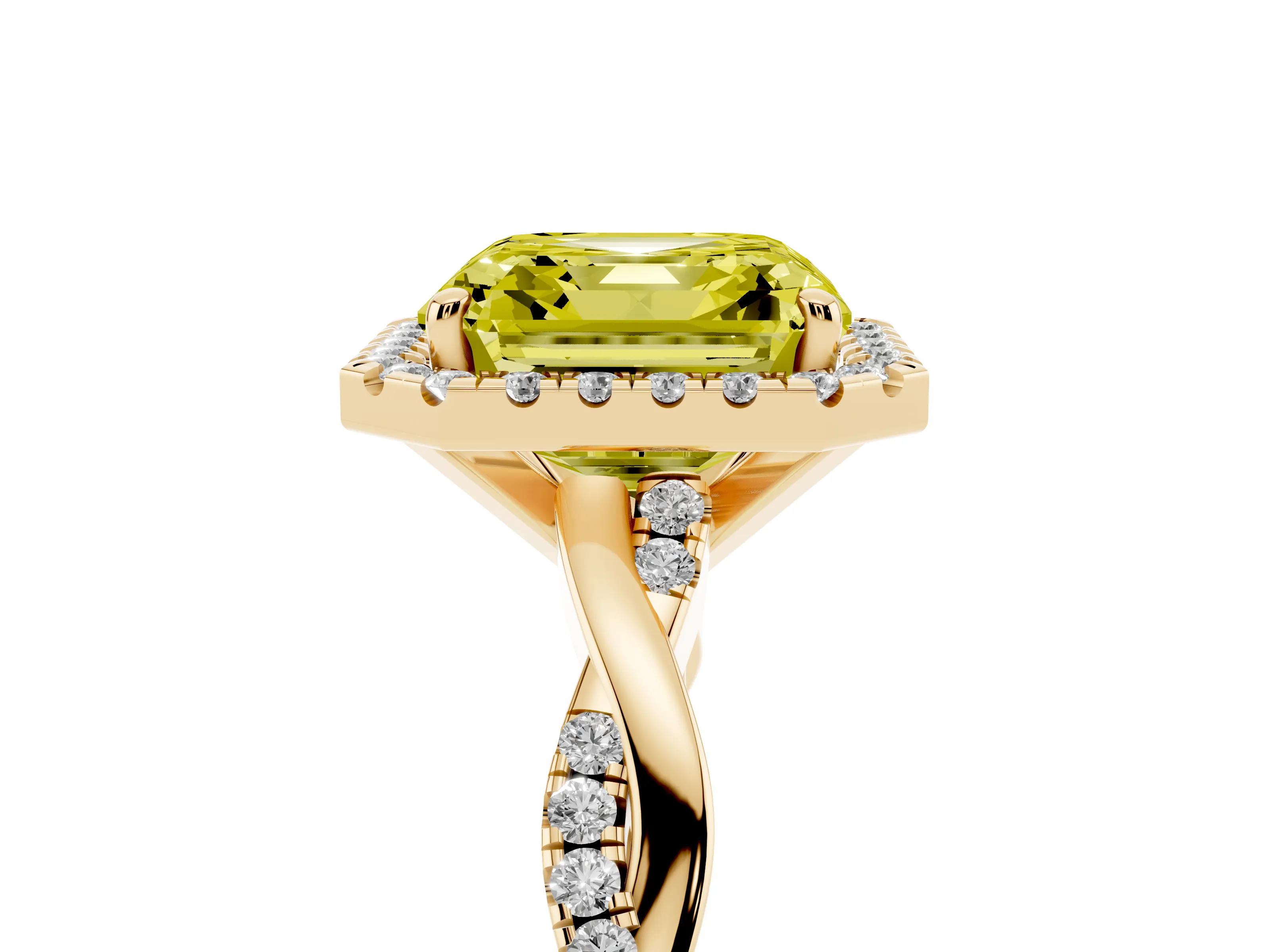 Fancy Yellow Asscher Cut Diamond Halo Twisted Band Ring Set in Yellow gold with Prong Setting