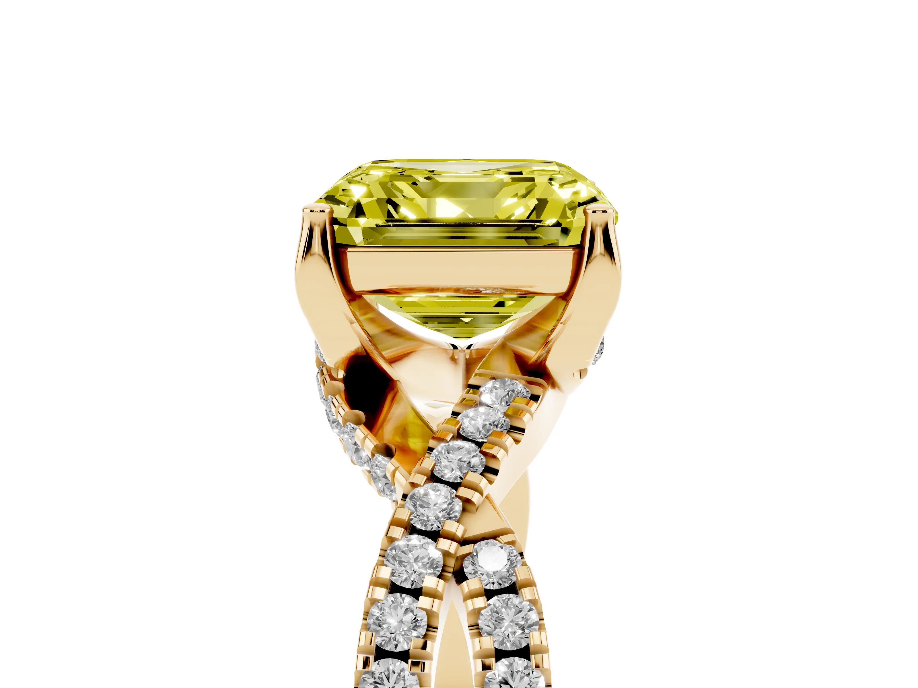 Fancy Yellow Asscher Cut Diamond Twist Pavé Solitaire Engagement Ring Set in Yellow gold with Prong Setting