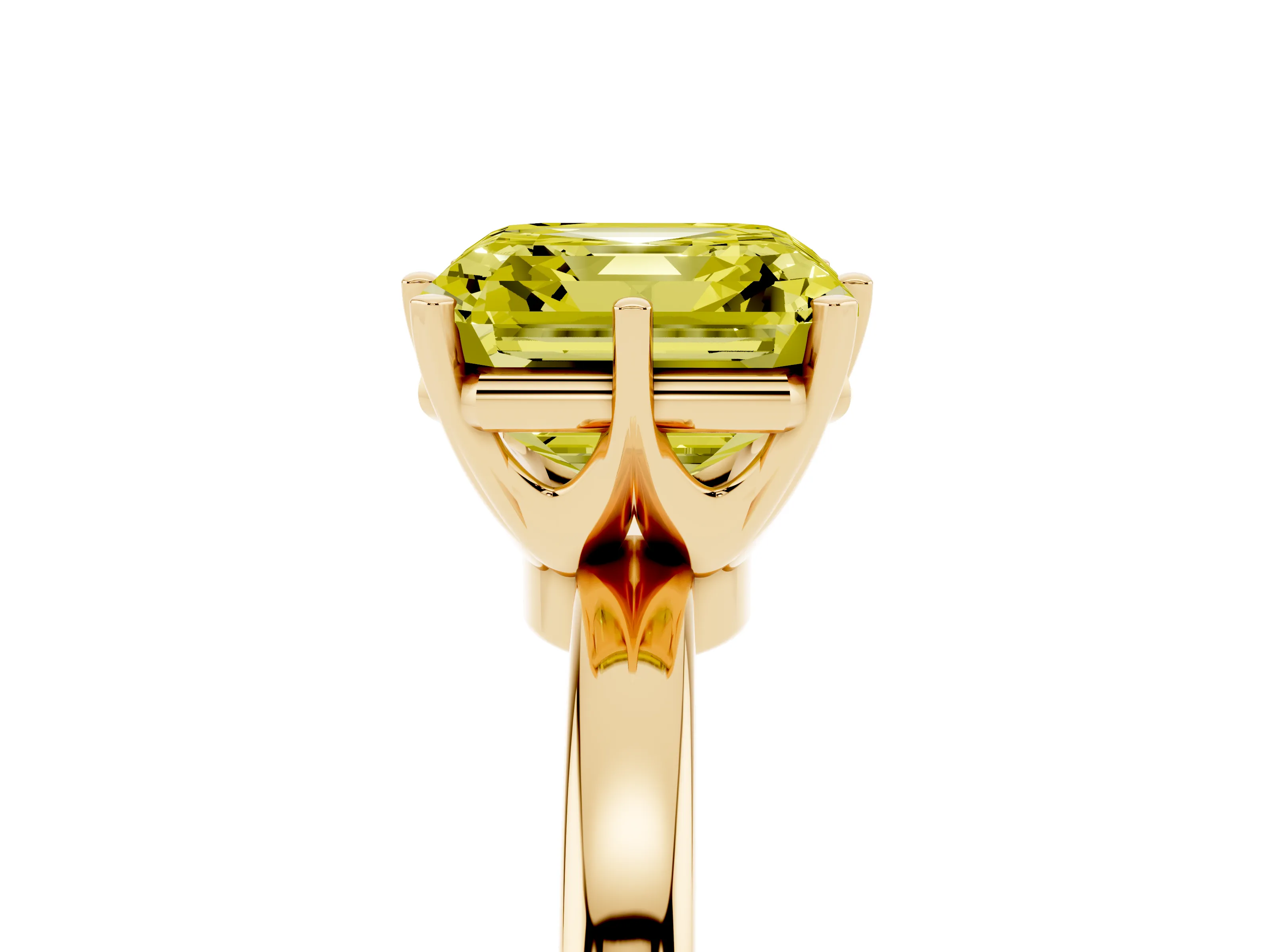 Fancy Yellow Asscher Cut Diamond Solitaire Ring Set in Yellow gold with Raised Prong Setting on a Classic Band
