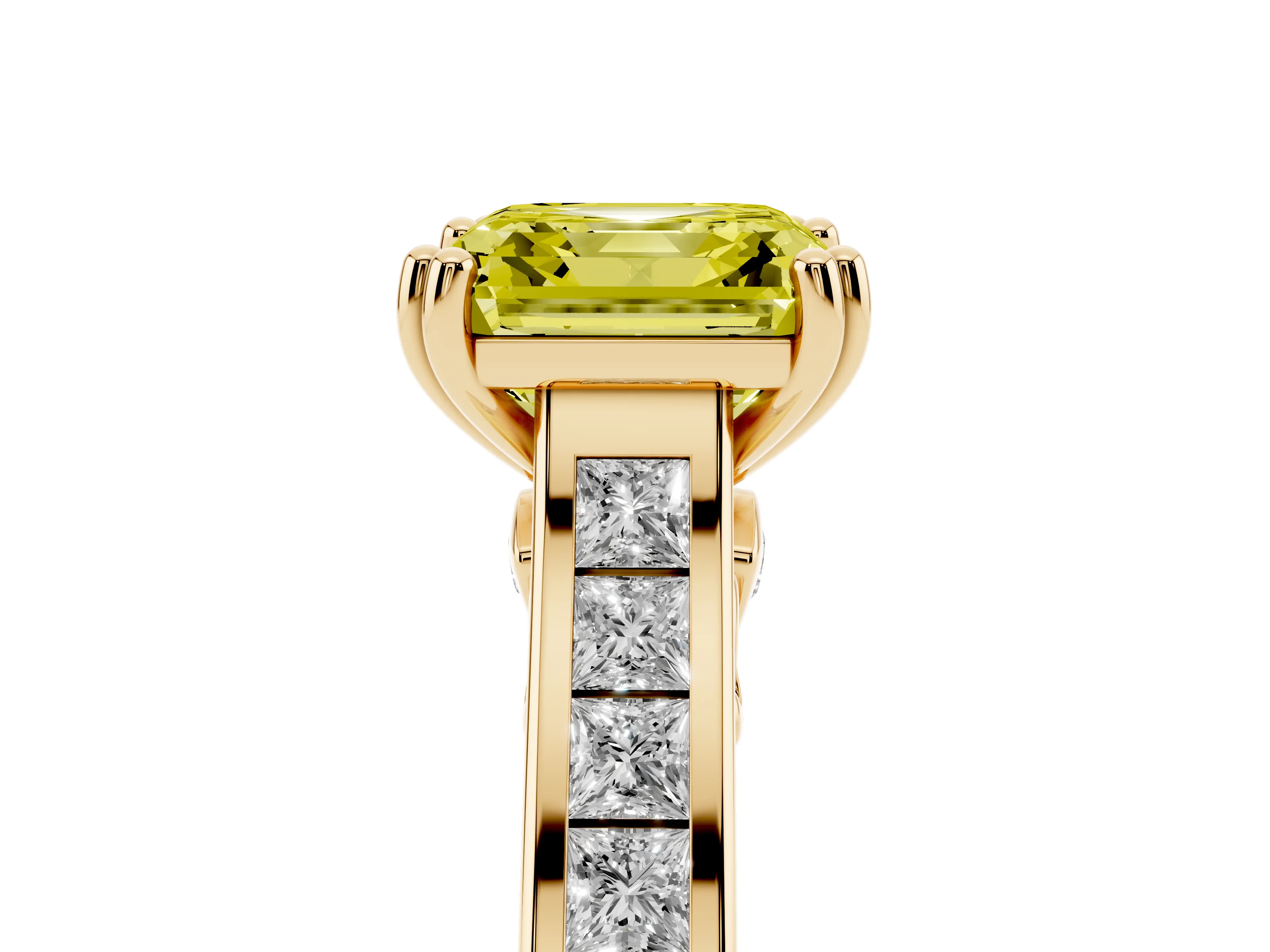 Fancy Yellow Asscher Cut Diamond Channel Set Solitaire Engagement Ring Set in Yellow gold with Prong Setting