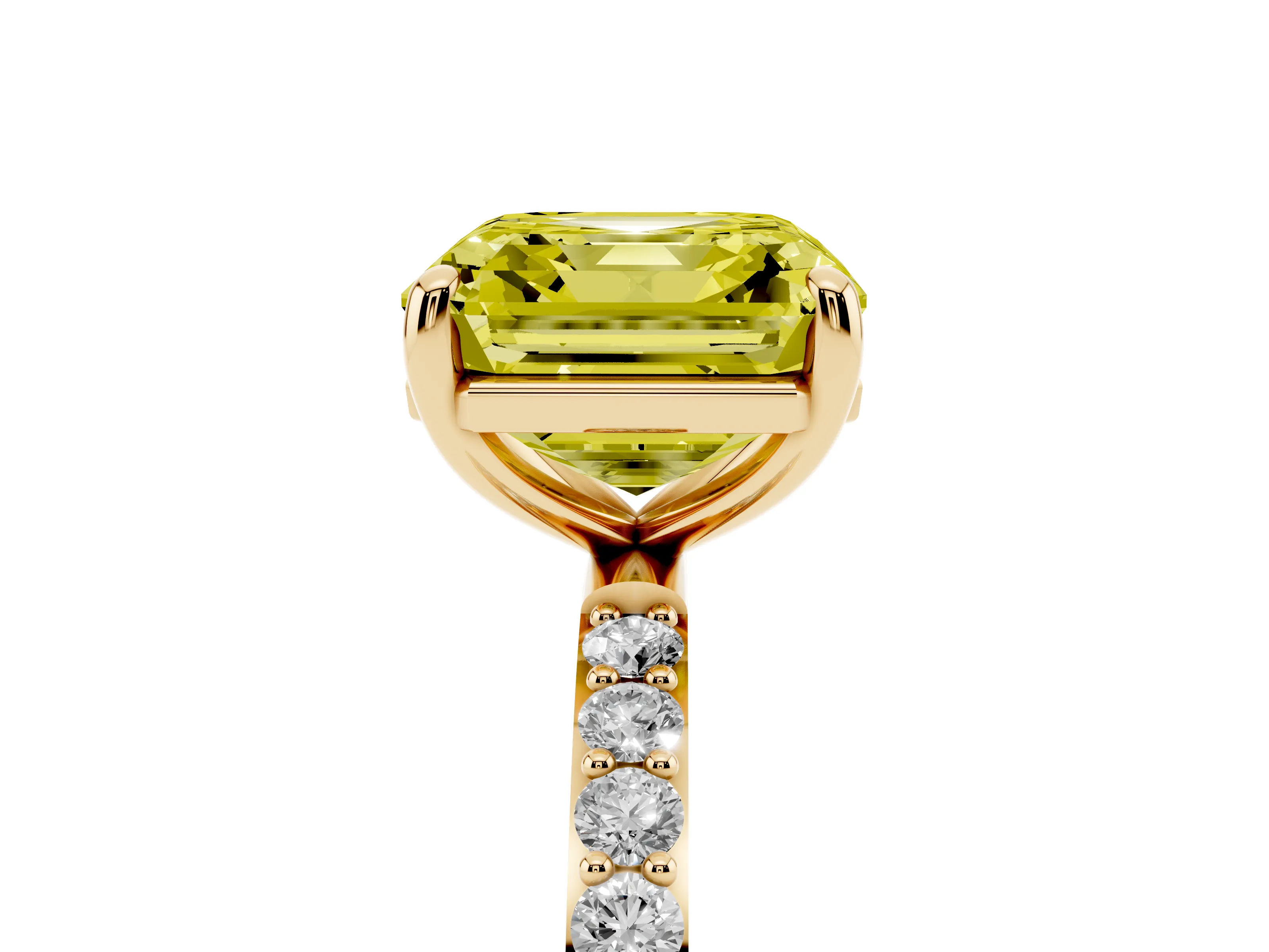 Fancy Yellow Asscher Cut Diamond Solitaire Ring Set in Yellow gold with Round Pavé Band and Prong Setting