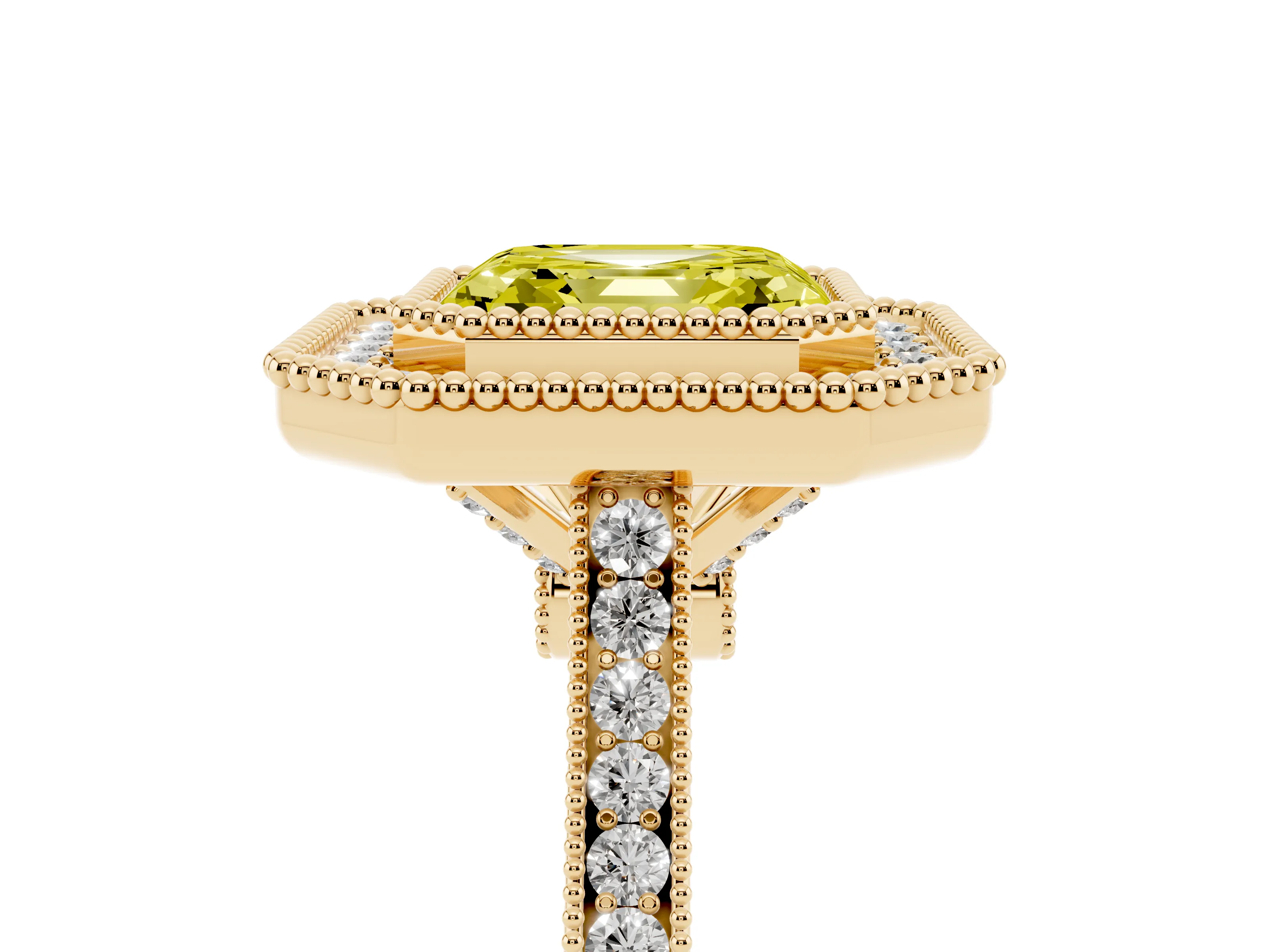 Fancy Yellow Asscher Cut Diamond Halo Ring Set in Yellow gold with Milgrain Frame and Pavé Band
