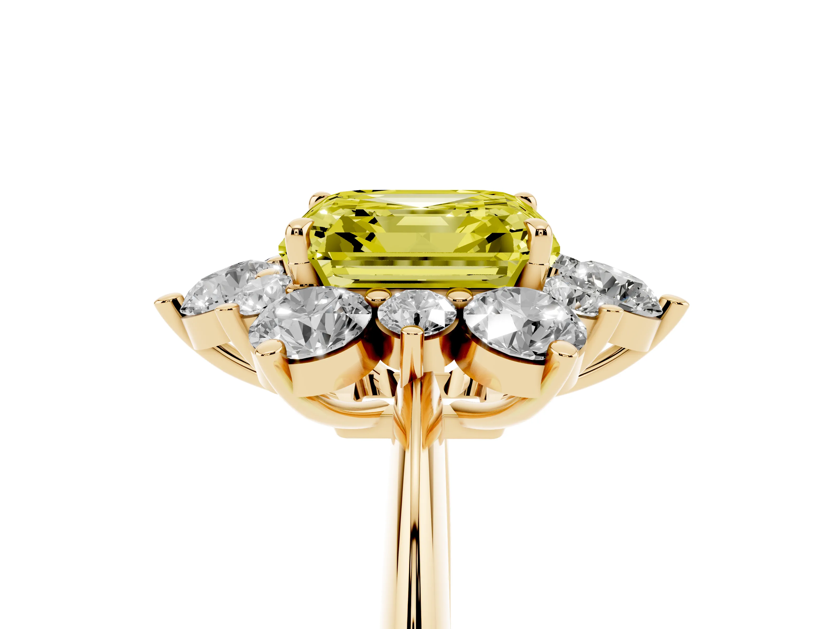 Fancy Yellow Asscher Cut Diamond Cluster Halo Ring Set in Yellow gold with Solitaire Band and Prong Setting