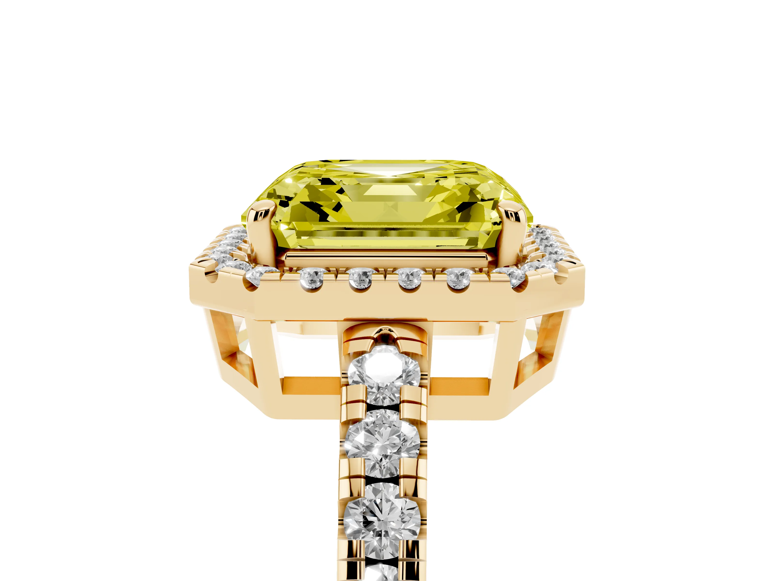 Fancy Yellow Asscher Cut Diamond Halo Ring Set in Yellow gold with Delicate Pavé Band and Prong Setting