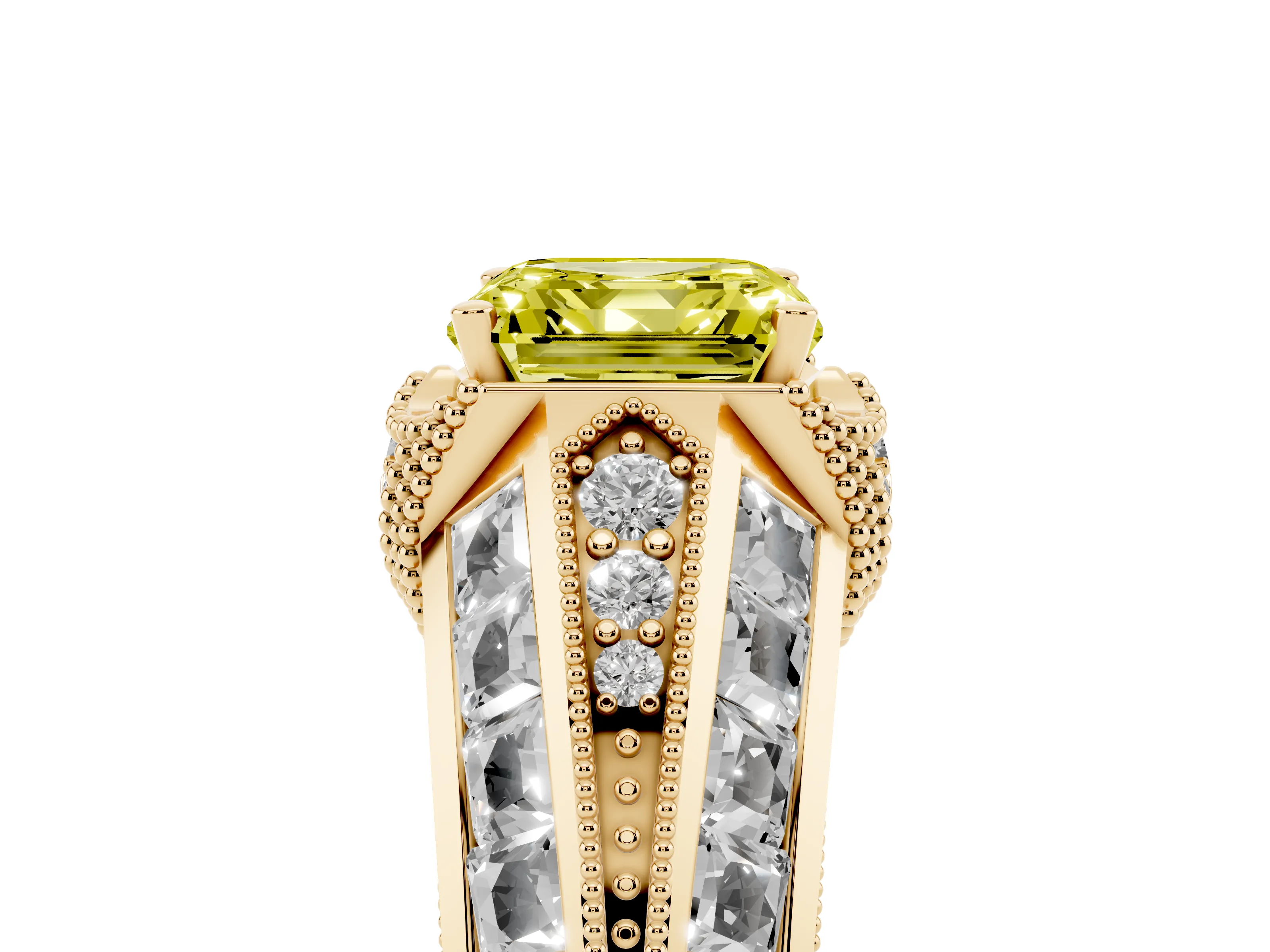Fancy Yellow Asscher Cut Diamond Vintage-Inspired Milgrain Ring Set in Yellow gold with Accent Split Shank