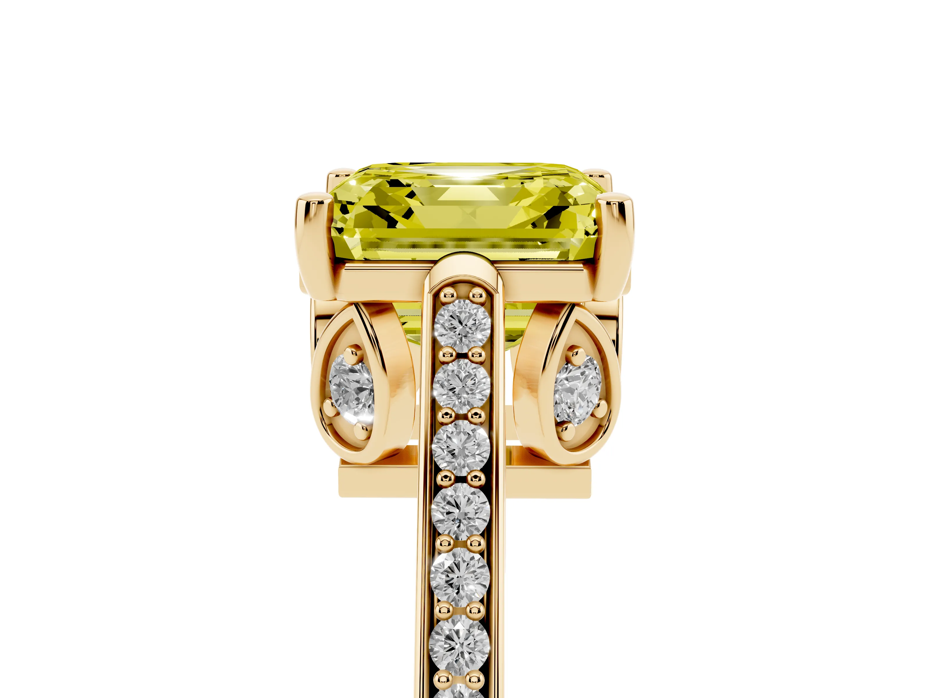 Fancy Yellow Asscher Cut Diamond Cathedral Pavé Engagement Ring Set in Yellow gold with Prong Setting