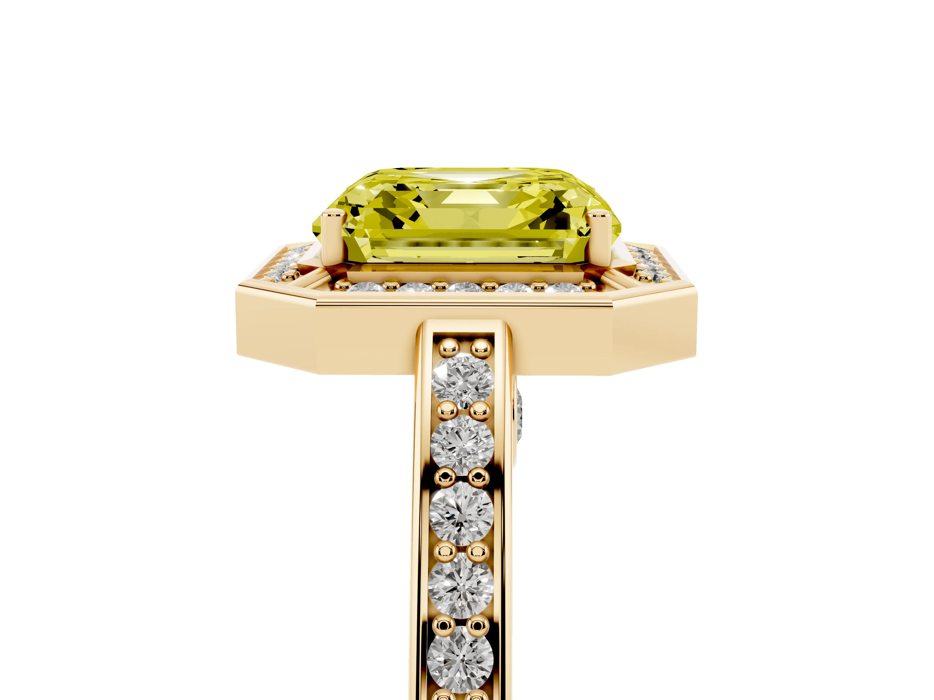 Fancy Yellow Asscher Cut Diamond Halo Pavé Split Shank Ring Set in Yellow gold with Prong Setting