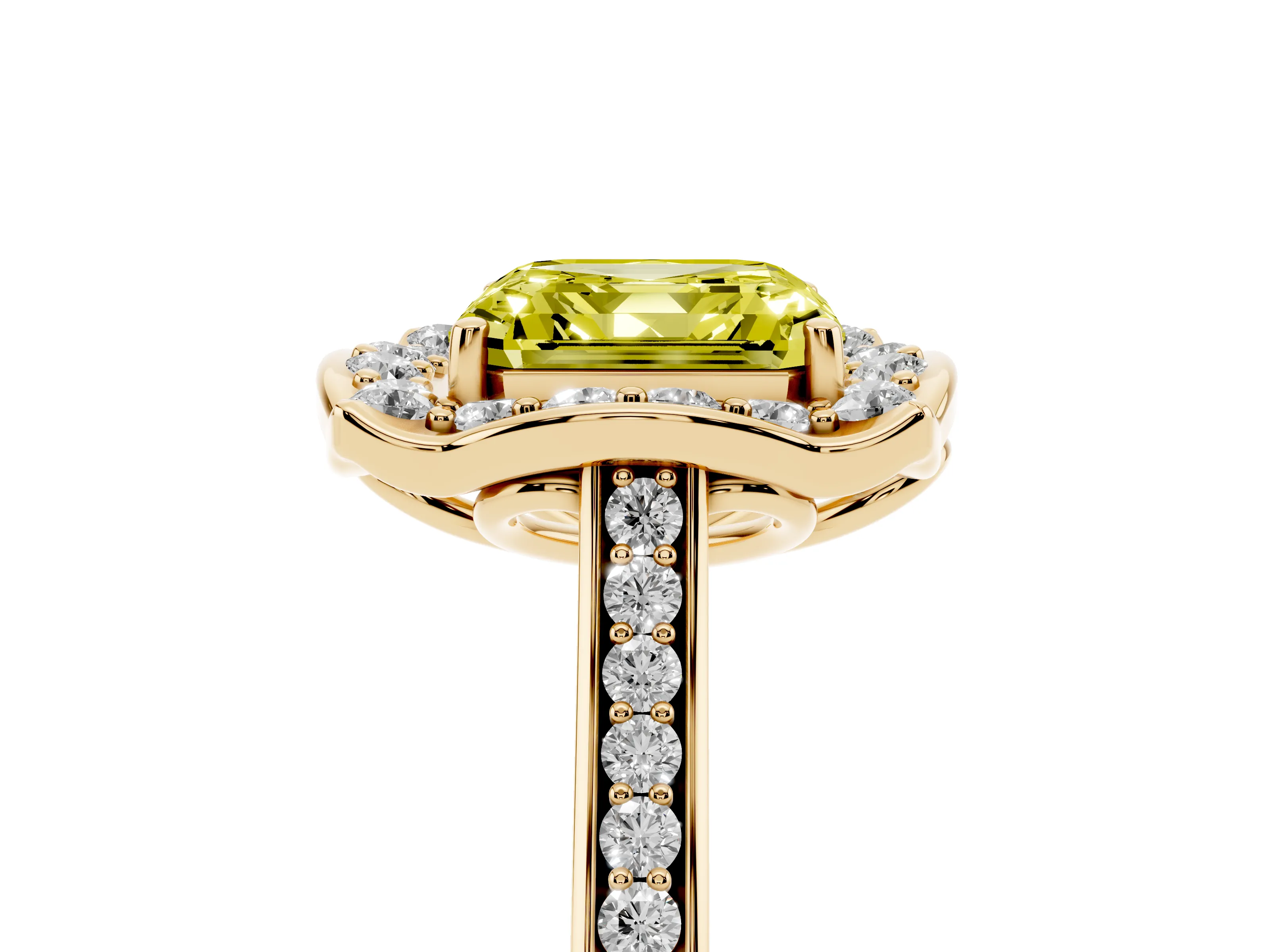 Fancy Yellow Asscher Cut Diamond Halo Ring Set in Yellow gold with Pavé-Lined Shoulders and Prong Setting