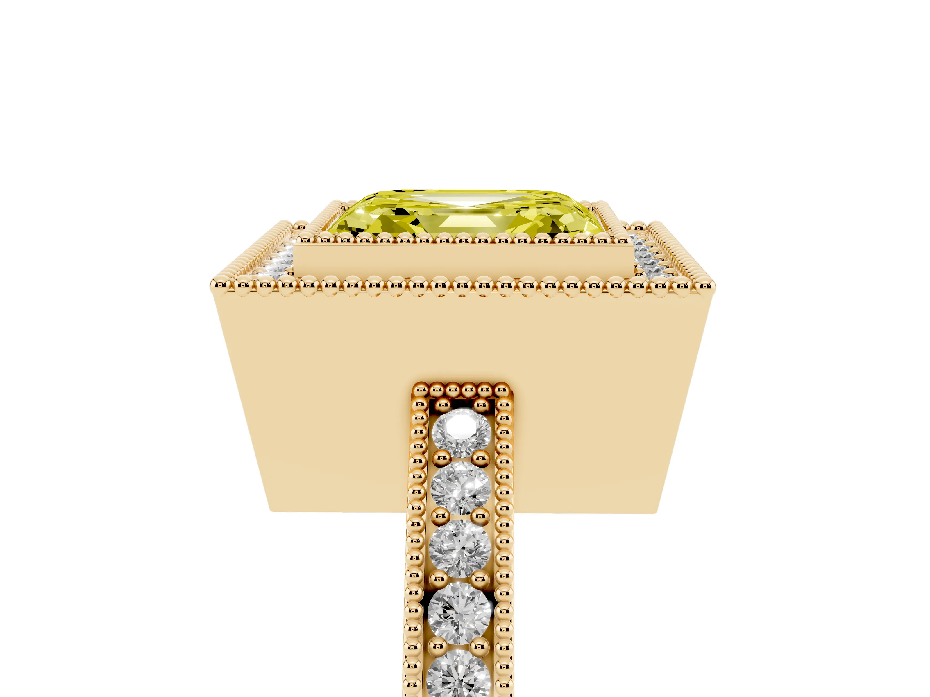 Fancy Yellow Asscher Cut Diamond Round Halo Ring Set in Yellow gold with Pavé Band