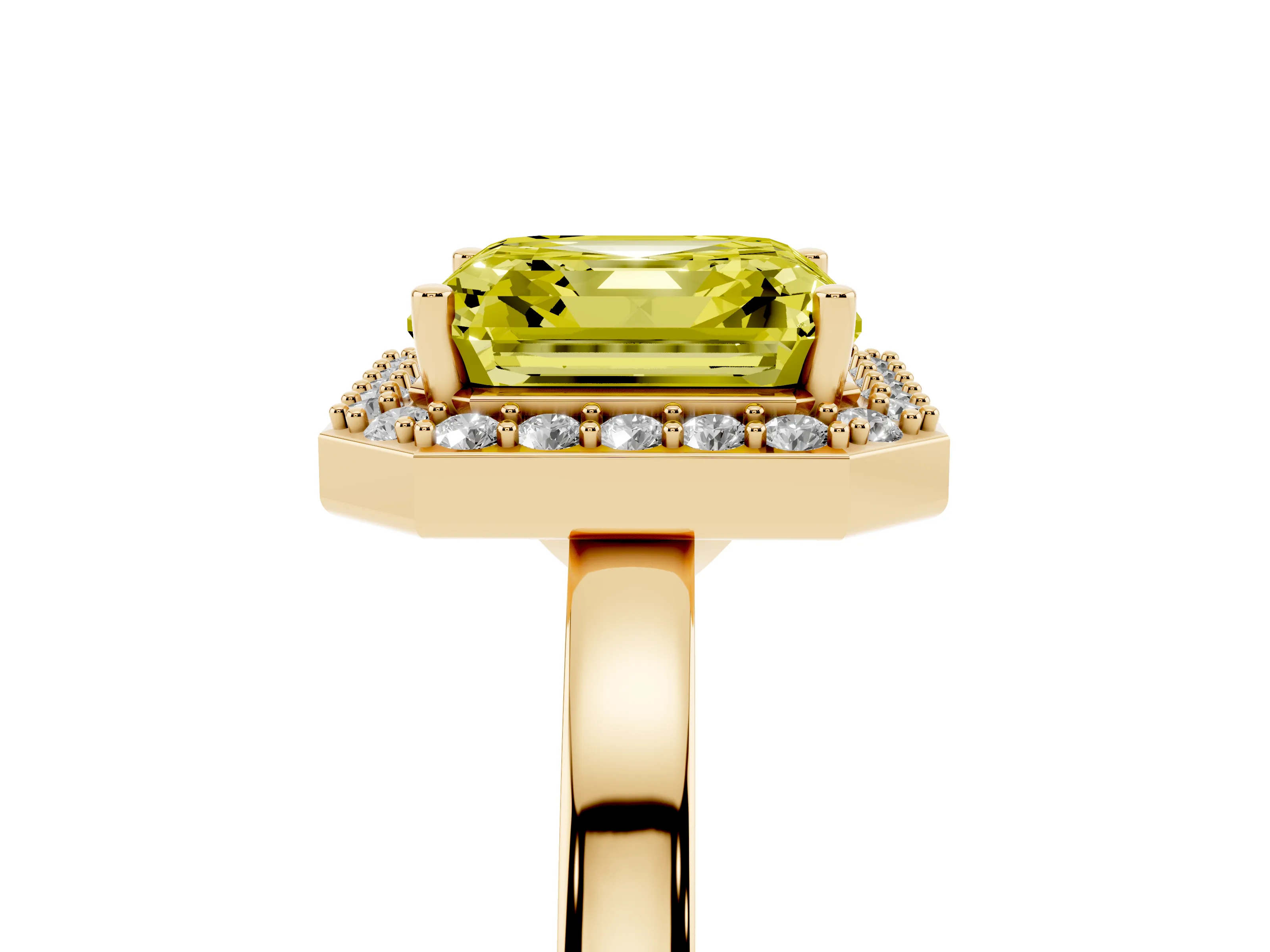 Fancy Yellow Asscher Cut Diamond Halo Ring Set in Yellow gold with Solitaire Band and Prong Setting
