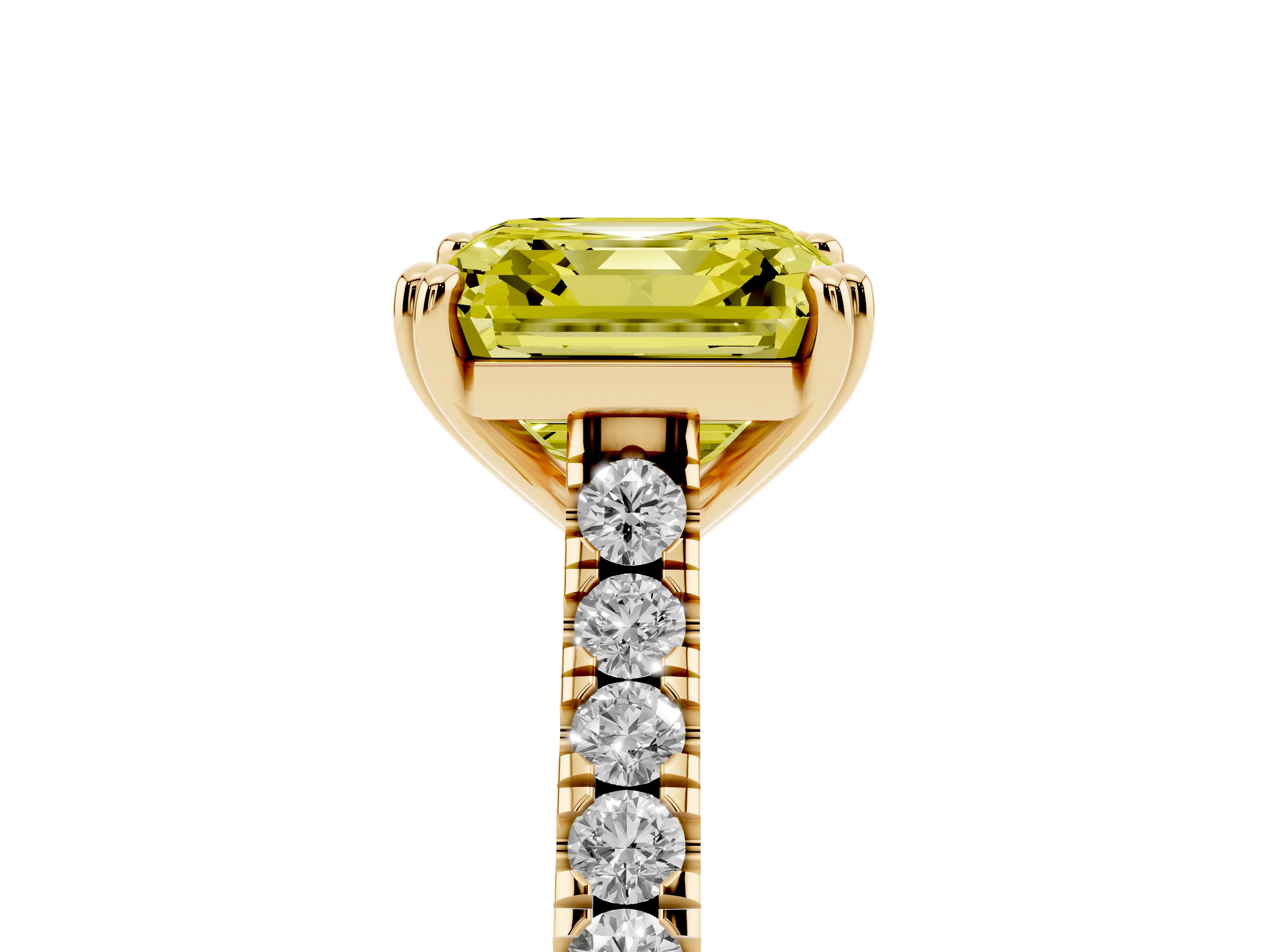 Fancy Yellow Asscher Cut Diamond Solitaire Engagement Ring Set in Yellow gold with Pavé Accents and Prong Setting