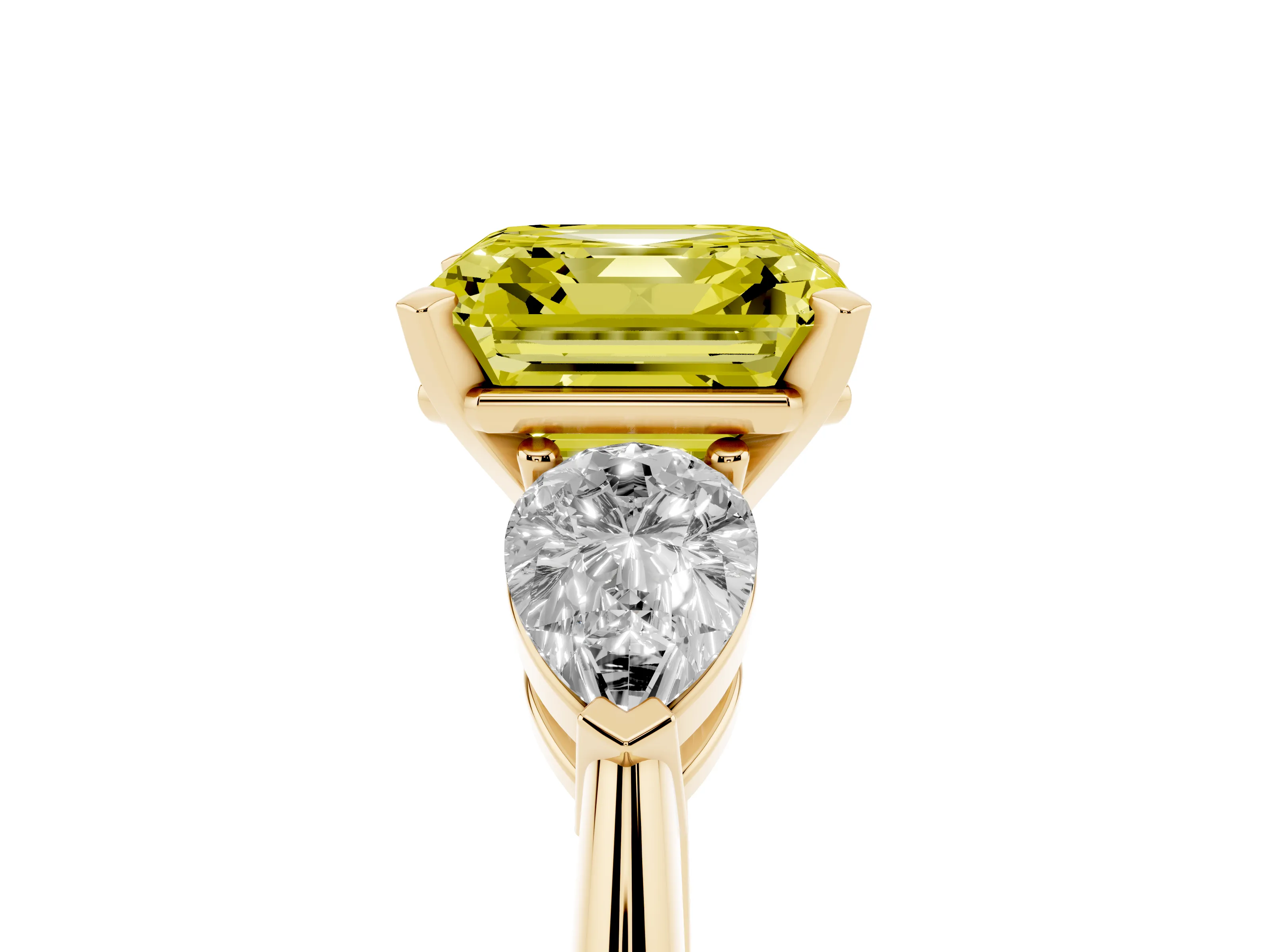 Fancy Yellow Three-Stone Asscher Cut Diamond Ring Set in Yellow gold with Pear Side Stones and Prong Setting