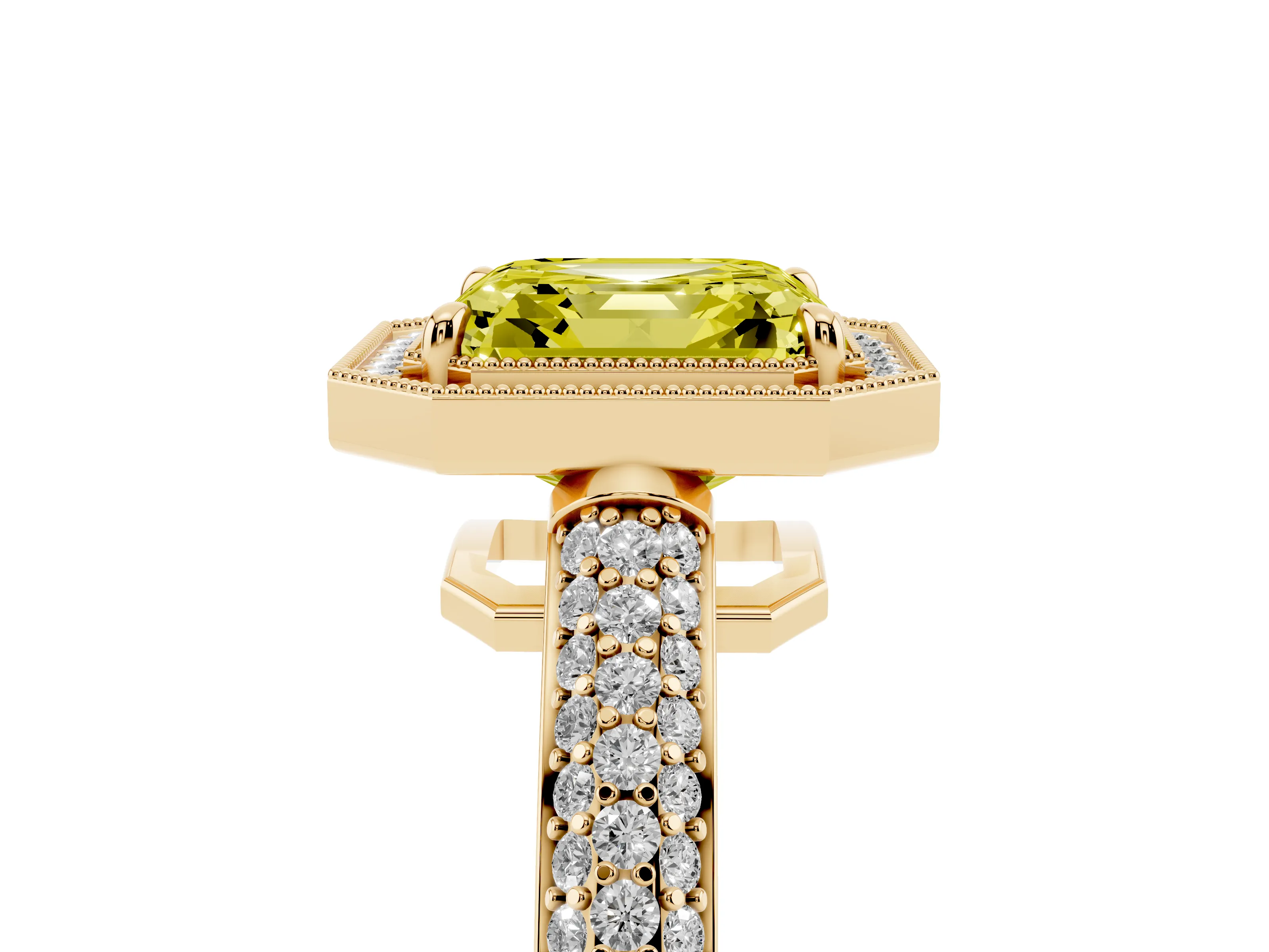 Fancy Yellow Asscher Cut Diamond Halo Pavé Band Set in Yellow gold with Prong Setting