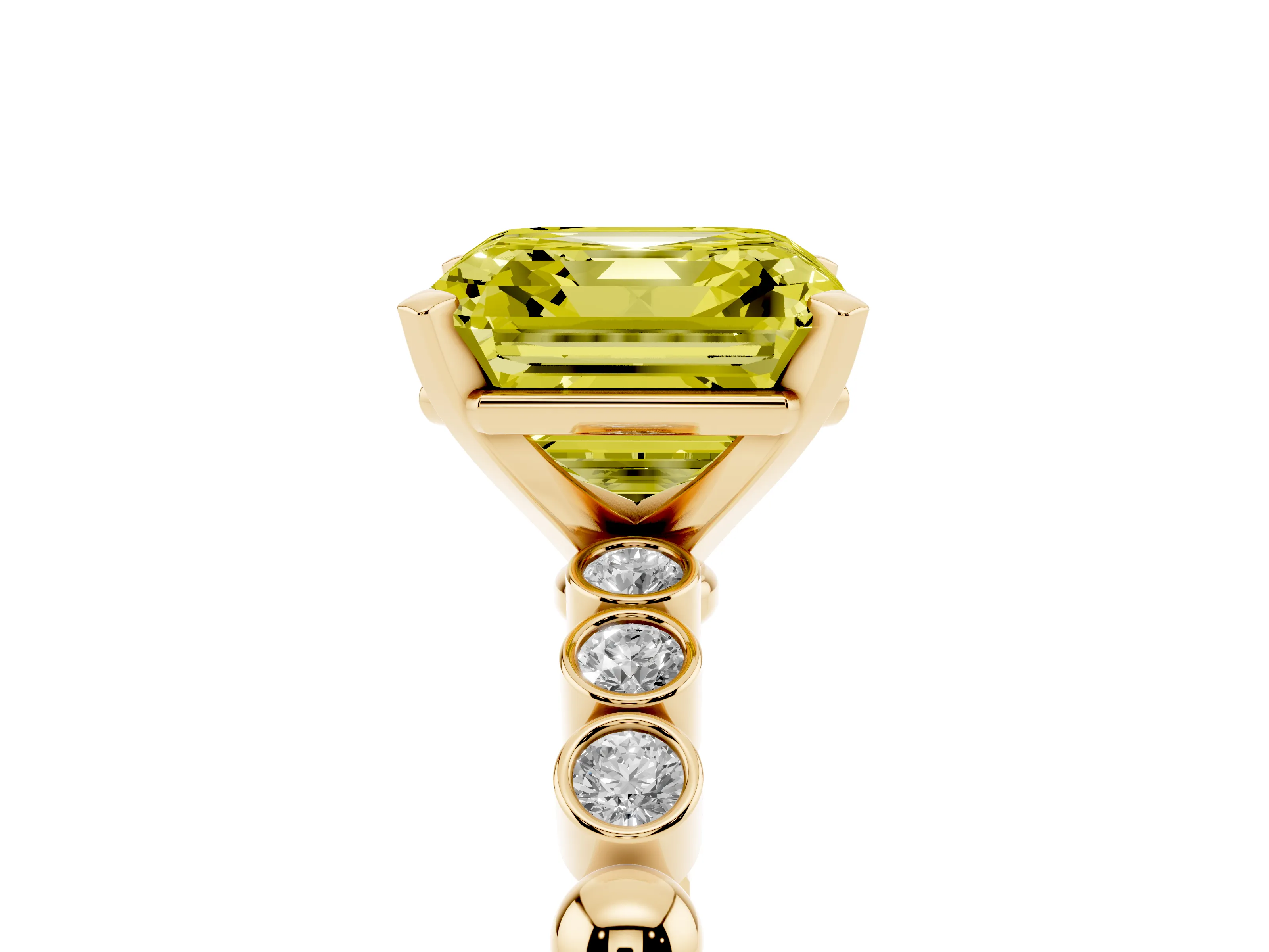 Fancy Yellow Asscher Cut Diamond Solitaire Engagement Ring Set in Yellow gold with Bezel Accents on Beaded Band
