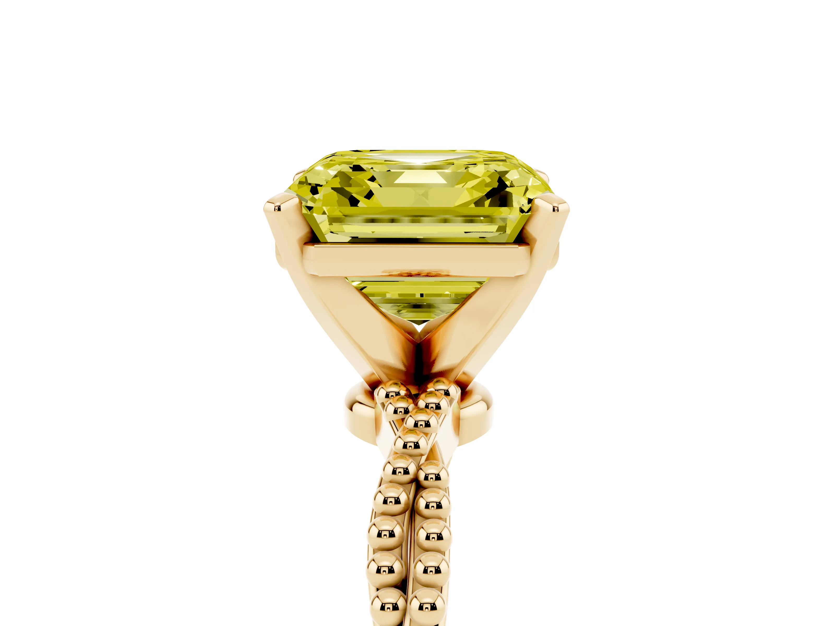 Fancy Yellow Asscher Cut Diamond Solitaire Ring Set in Yellow gold with Twisted Band and Bead Prong Setting
