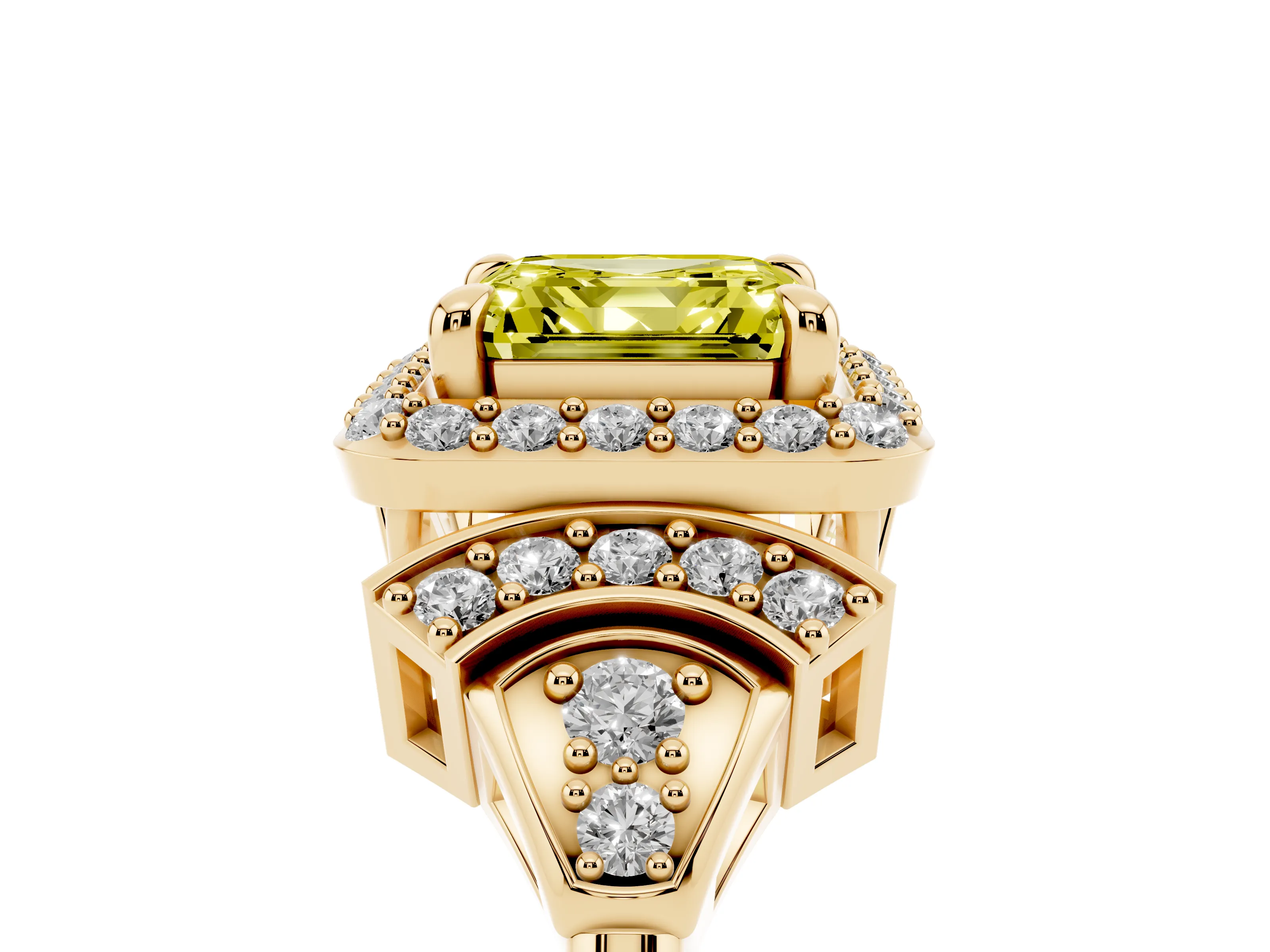 Fancy Yellow Asscher Cut Diamond Halo Engagement Ring Set in Yellow gold with Accent Stone Split Shank