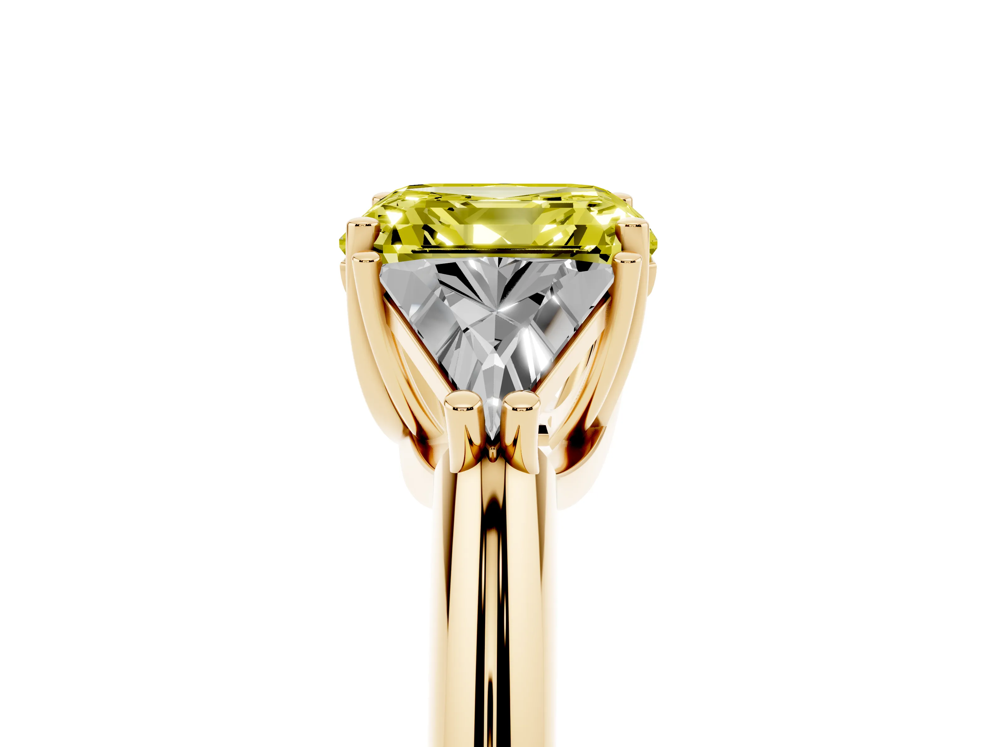 Fancy Yellow Asscher Cut Diamond Three-Stone Engagement Ring Set in Yellow gold with Trillion Side Stones