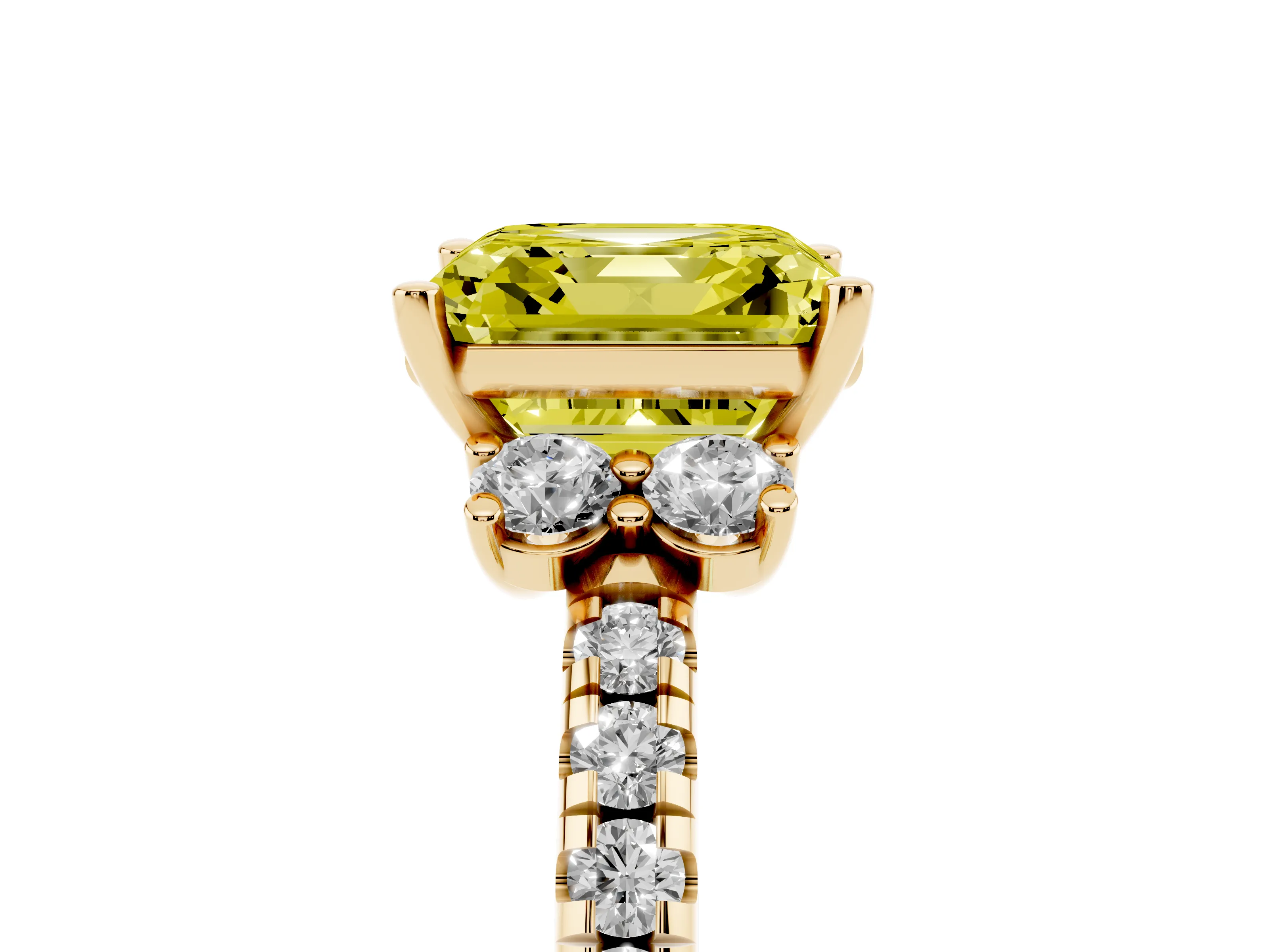 Fancy Yellow Asscher Cut Diamond Three-Stone Pavé Ring Set in Yellow gold with Prong Setting