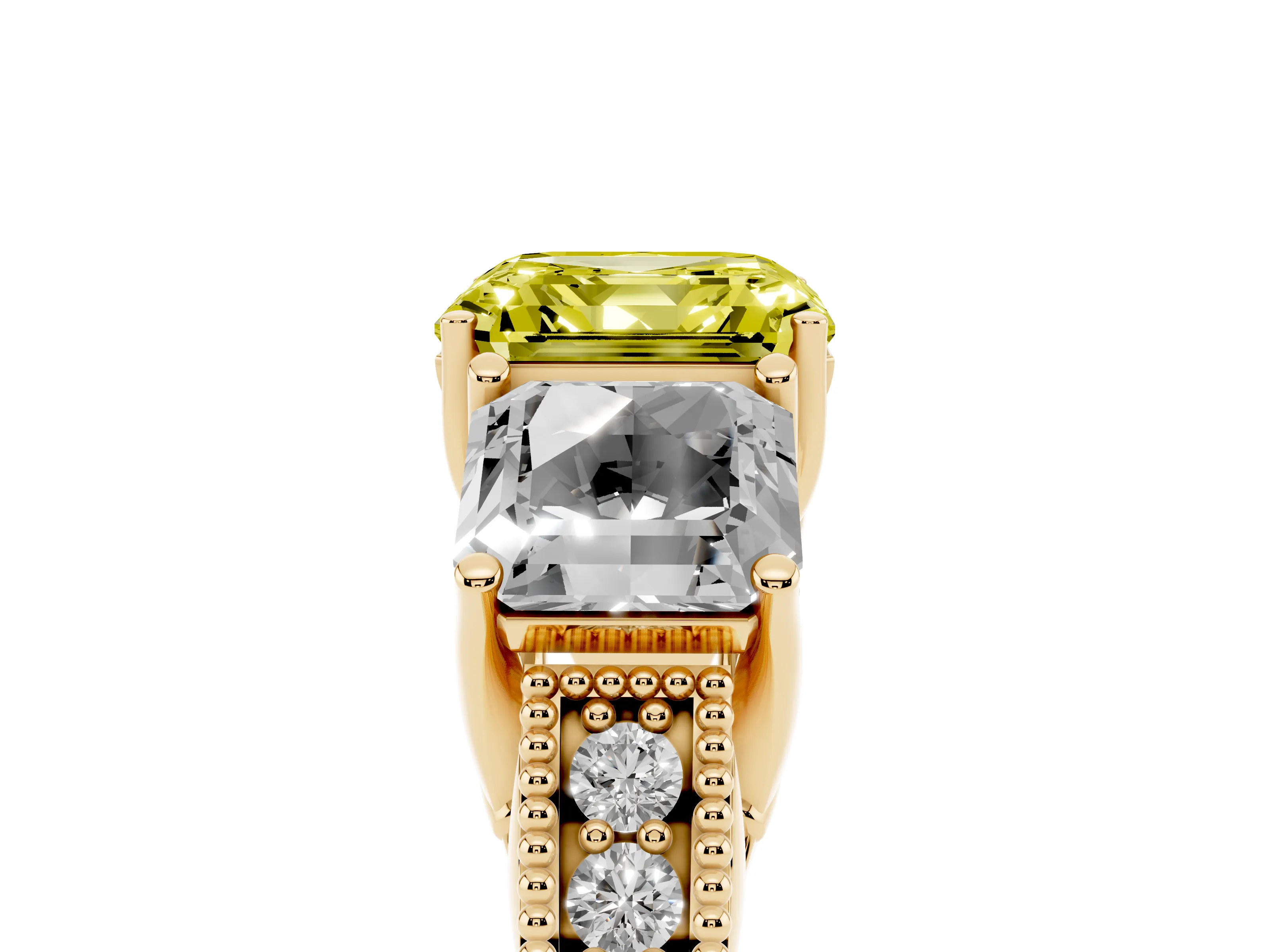 Fancy Yellow Asscher Cut Diamond Three-Stone Engagement Ring Set in Yellow gold with Milgrain Pavé Band