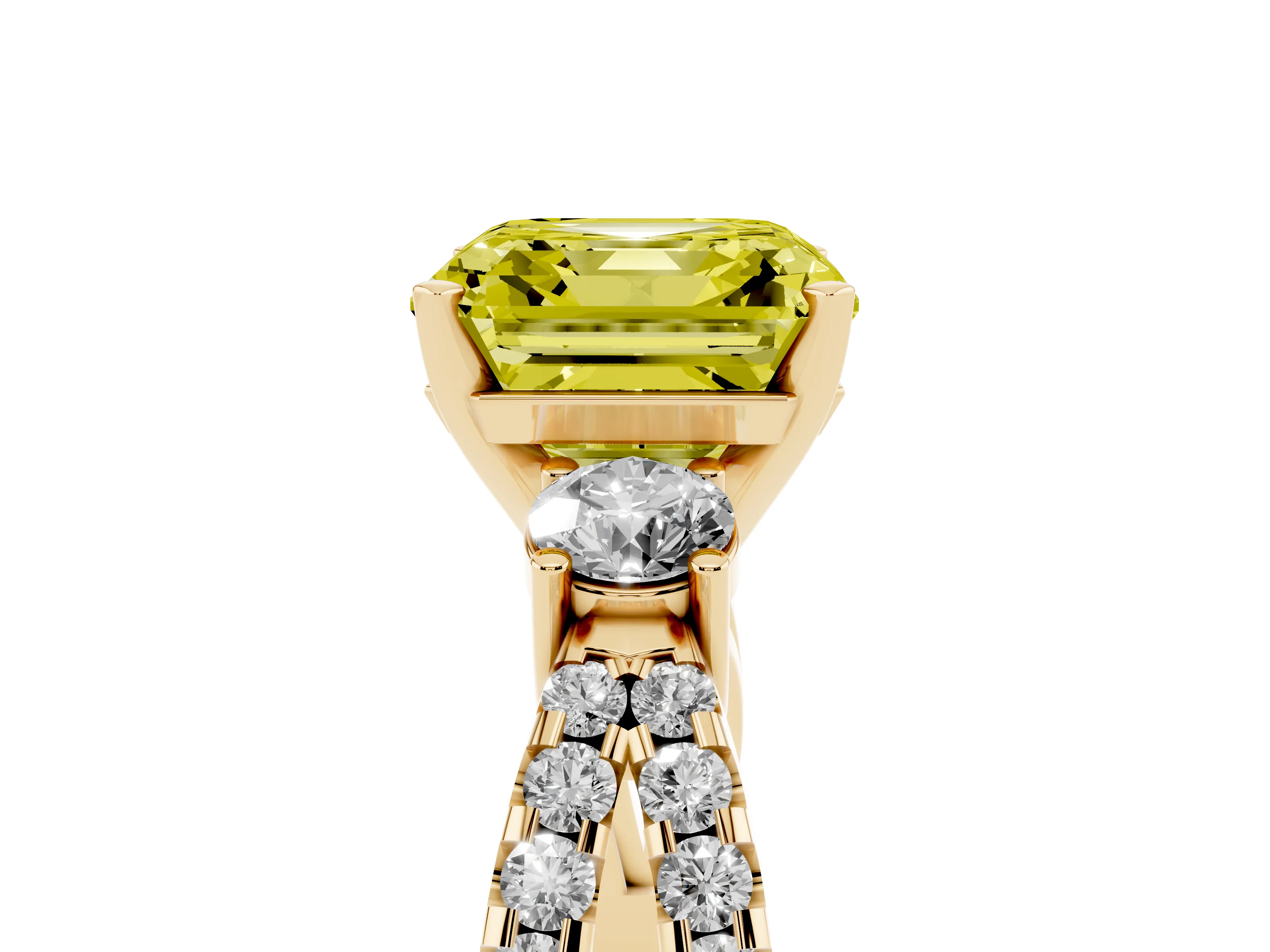 Fancy Yellow Asscher Cut Diamond Three-Stone Ring Set in Yellow gold with Pavé Split Shank and Prong Setting