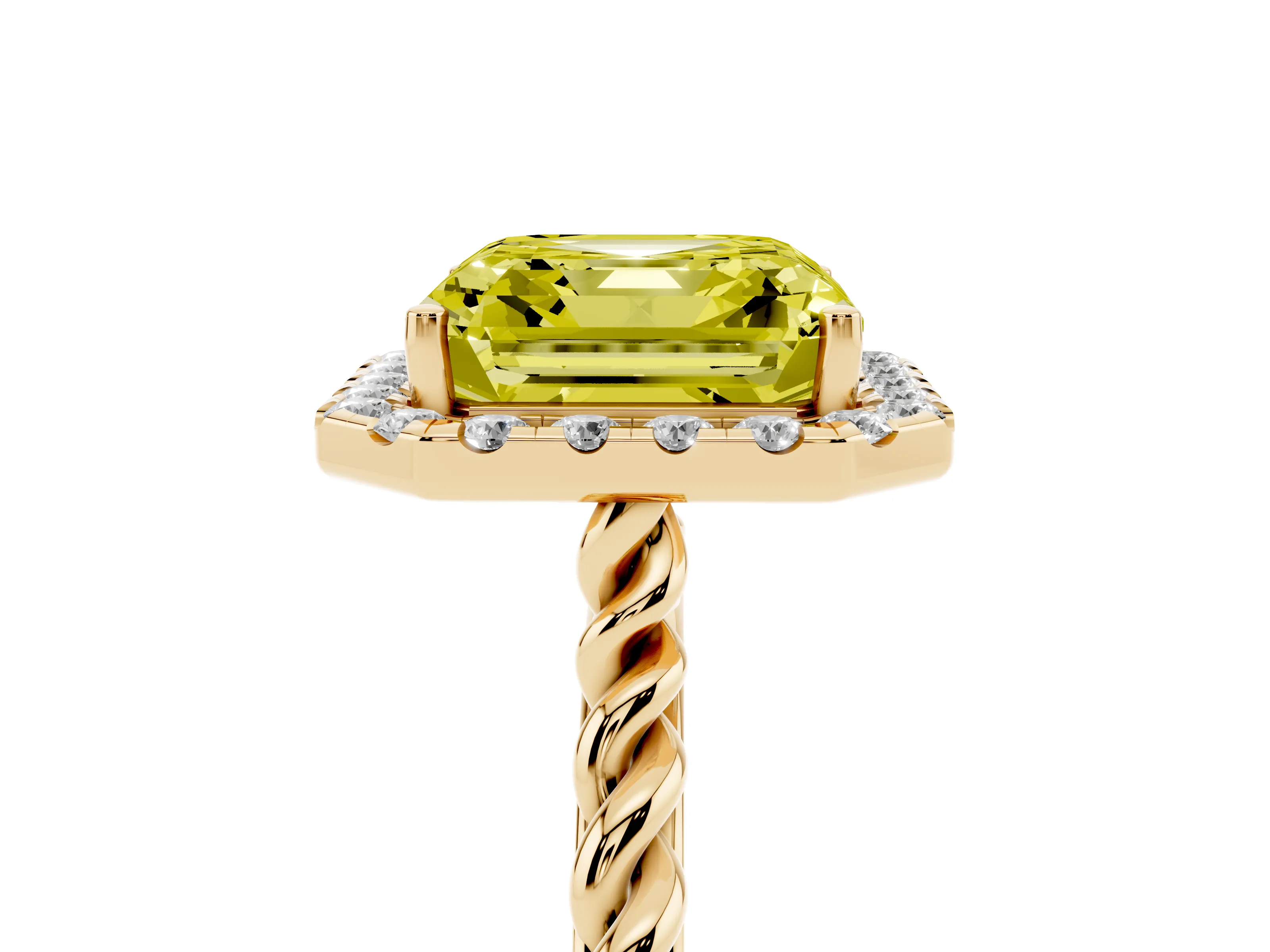 Fancy Yellow Asscher Cut Diamond Halo Ring Set in Yellow gold with Plain Twisted Band
