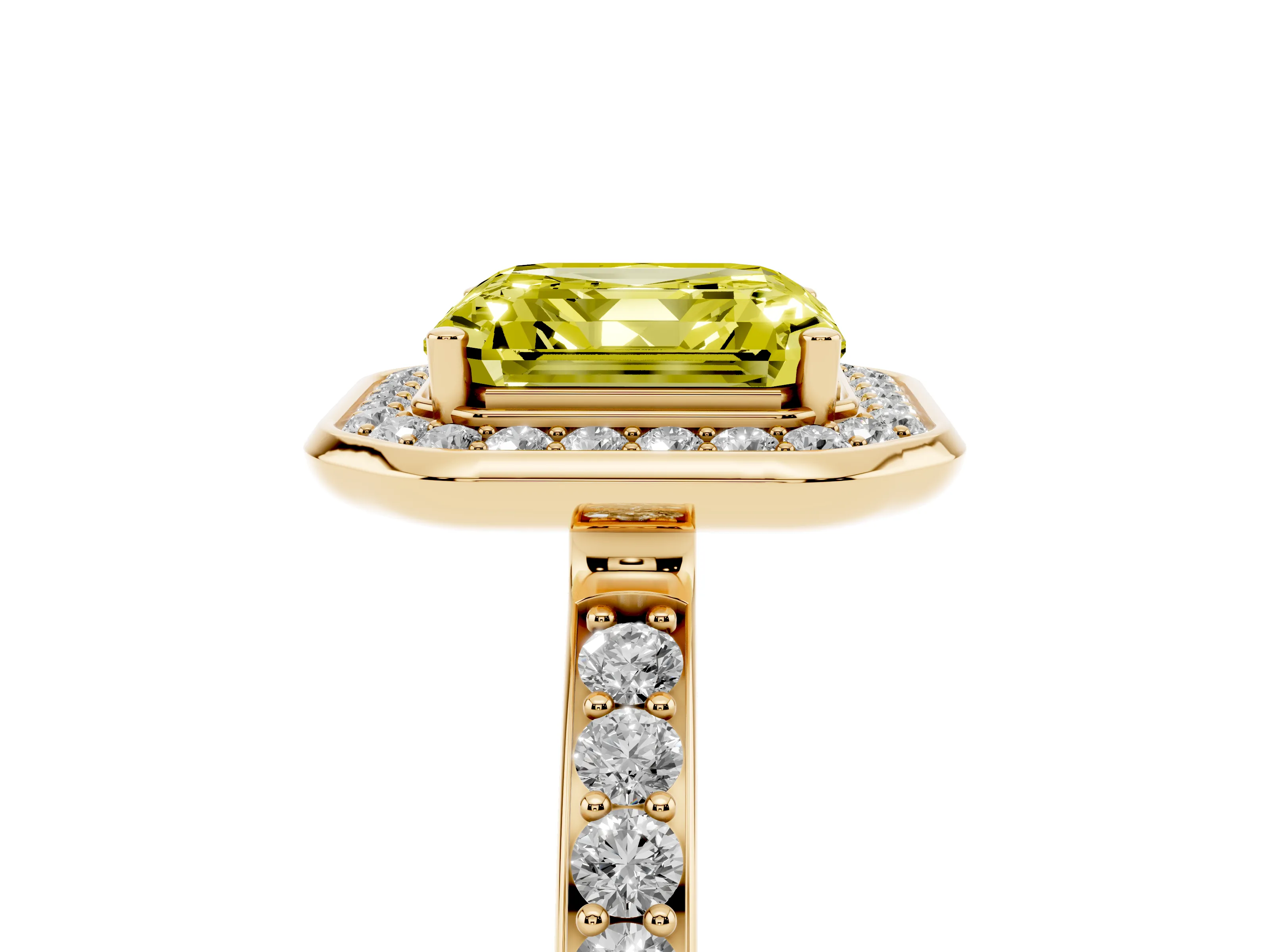 Fancy Yellow Asscher Cut Diamond Halo Ring Set in Yellow gold with Bezel Frame and Pavé Band