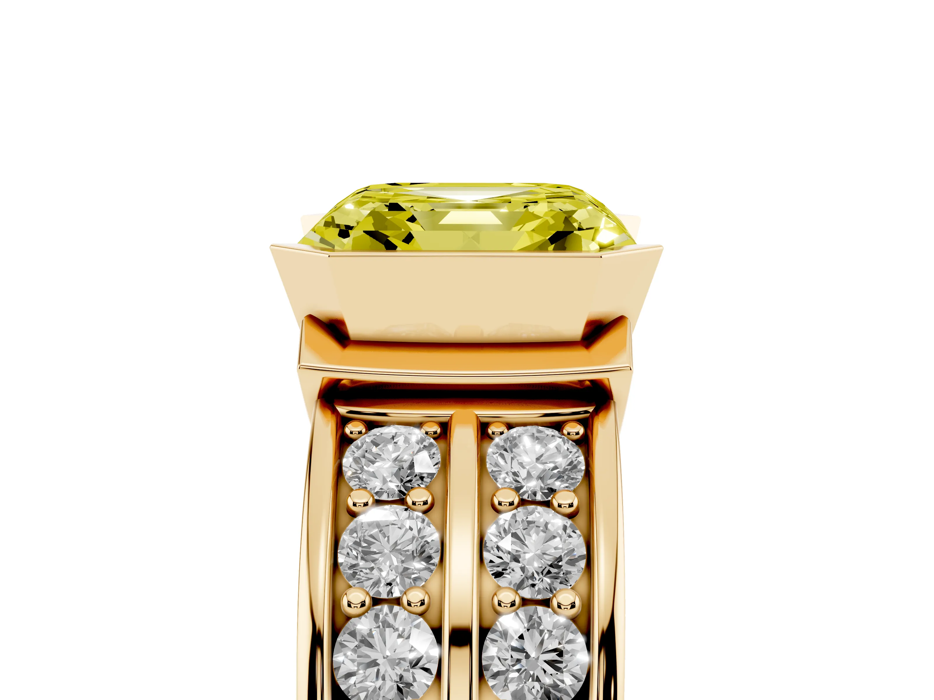 Fancy Yellow Asscher Cut Diamond Wide Channel Set Band Ring Set in Yellow gold with Bezel Setting