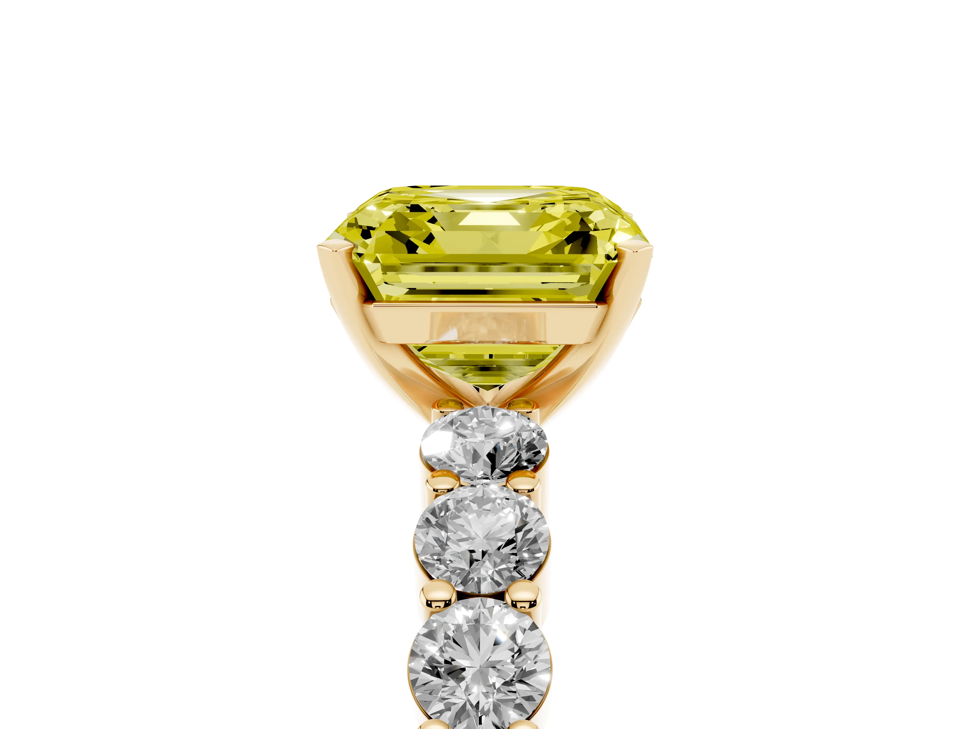 Fancy Yellow Asscher Cut Diamond Solitaire Ring Set in Yellow gold with Shared Prong Round Side Stones