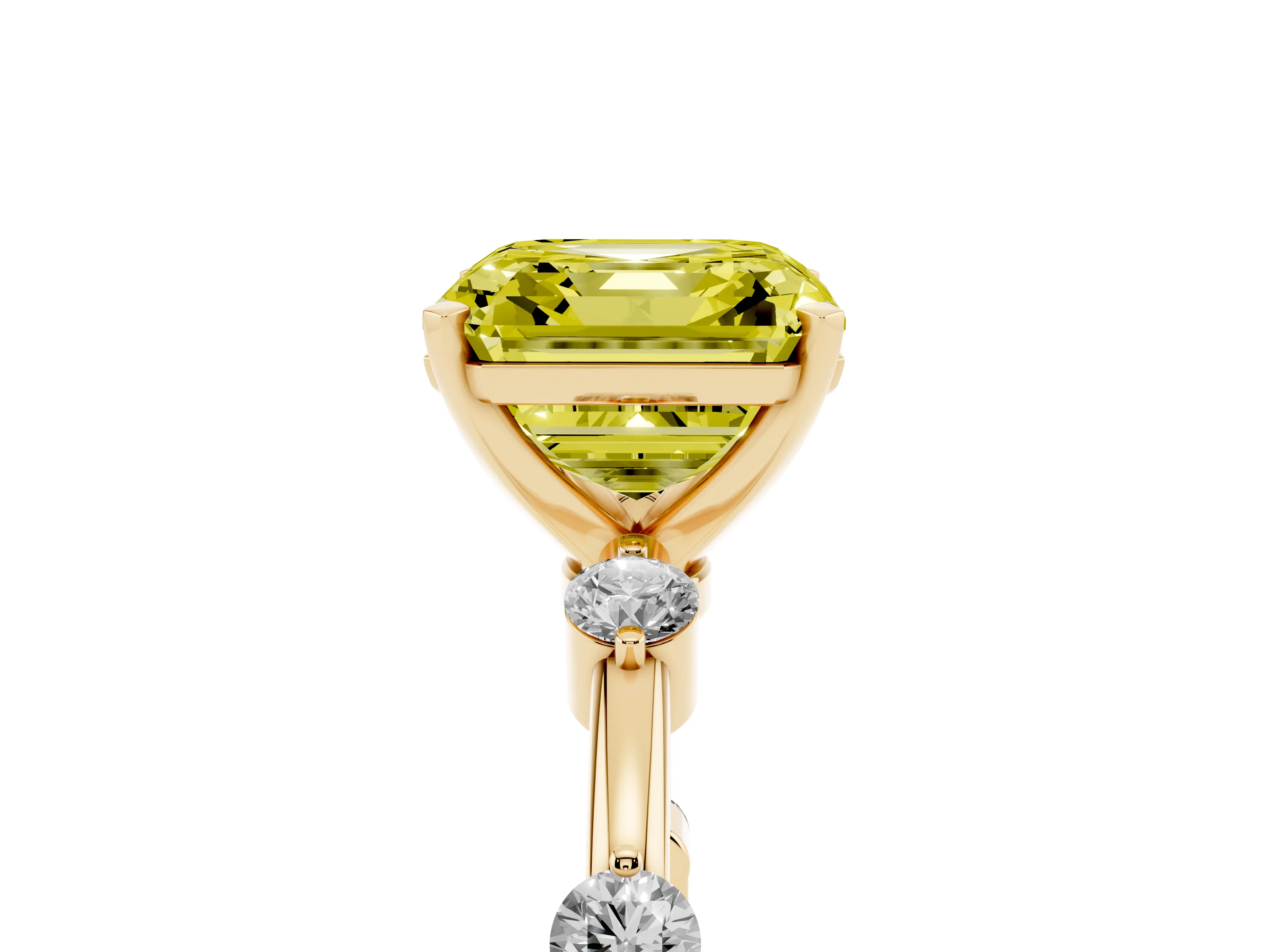 Fancy Yellow Asscher Cut Diamond Solitaire Ring Set in Yellow gold with Bezel Set Side Stones and Prong Setting