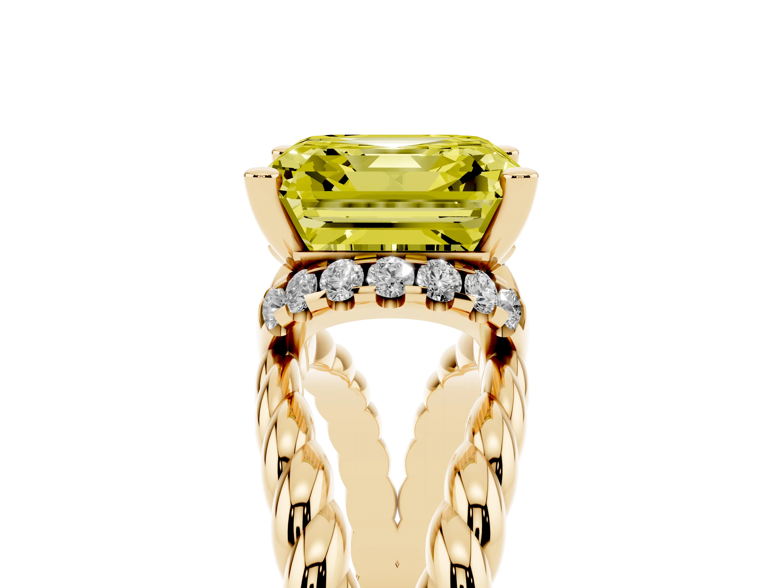 Fancy Yellow Asscher Cut Diamond Halo Ring Set in Yellow gold with Twisted Band and Prong Setting