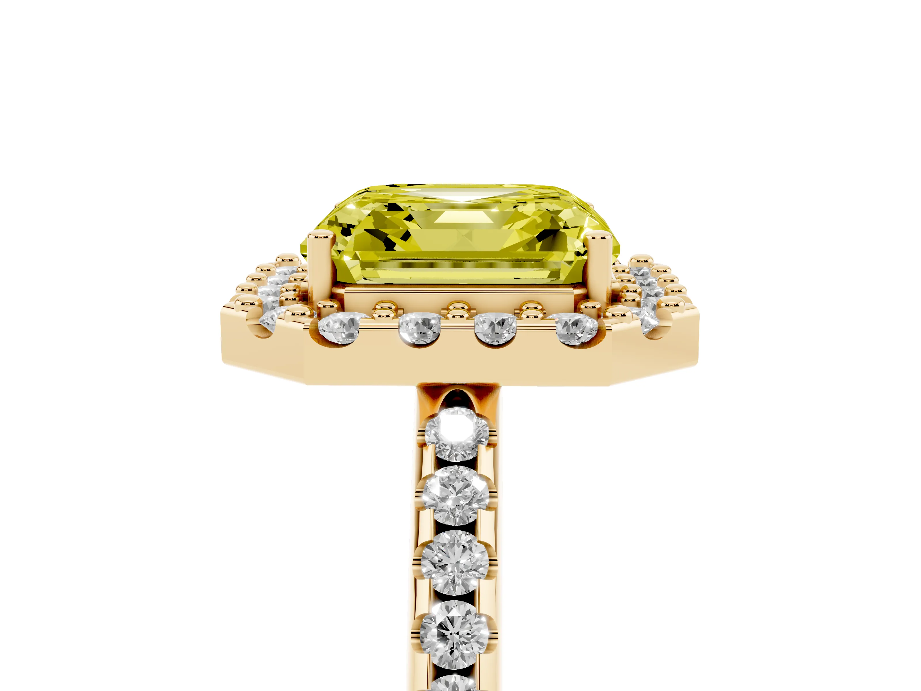 Fancy Yellow Asscher Cut Diamond Pavé Halo Ring Set in Yellow gold with Prong Setting