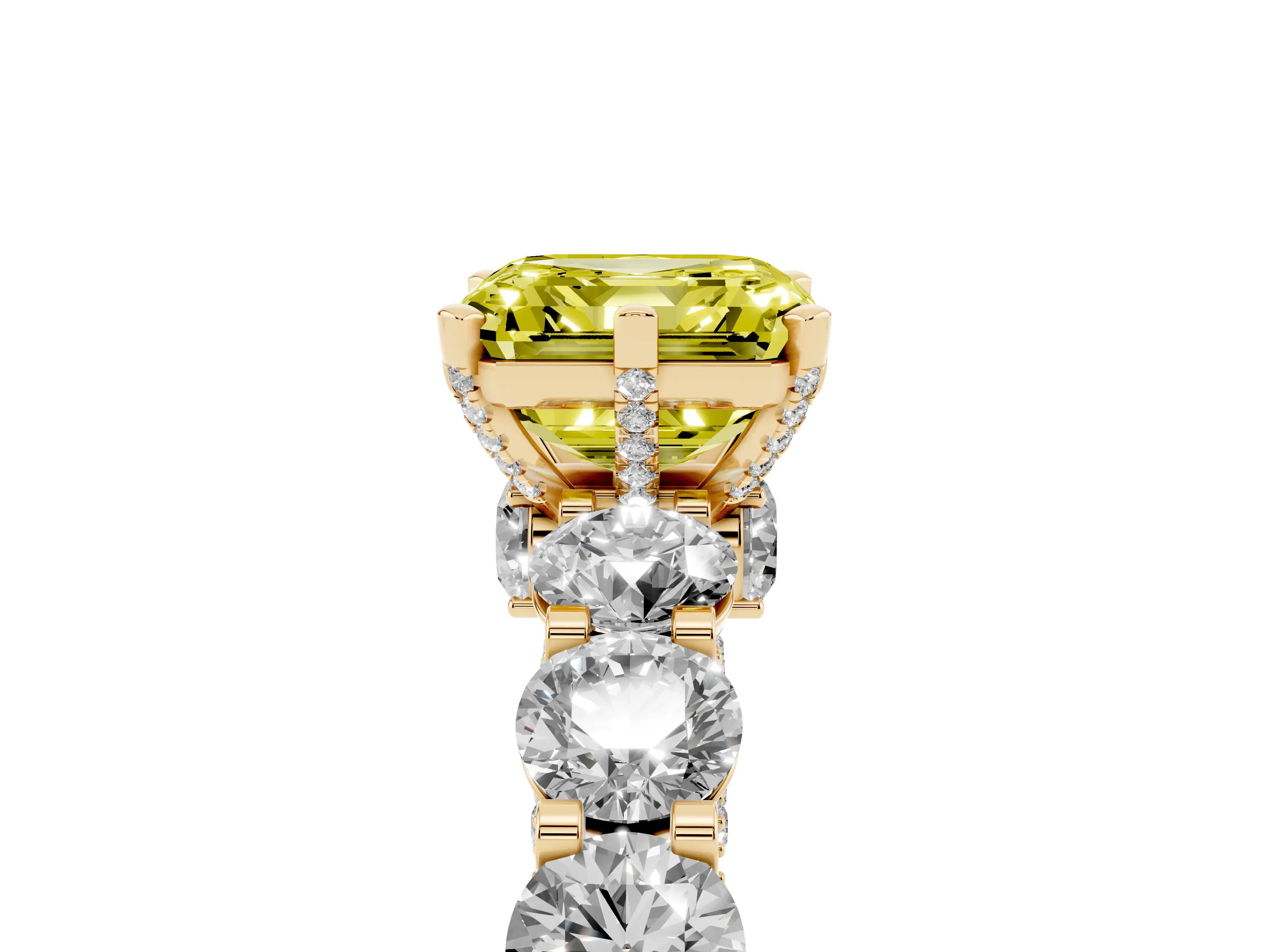 Fancy Yellow Asscher Cut Diamond Side Stone Ring Set in Yellow gold with Alternating Round and Oval Side Stones
