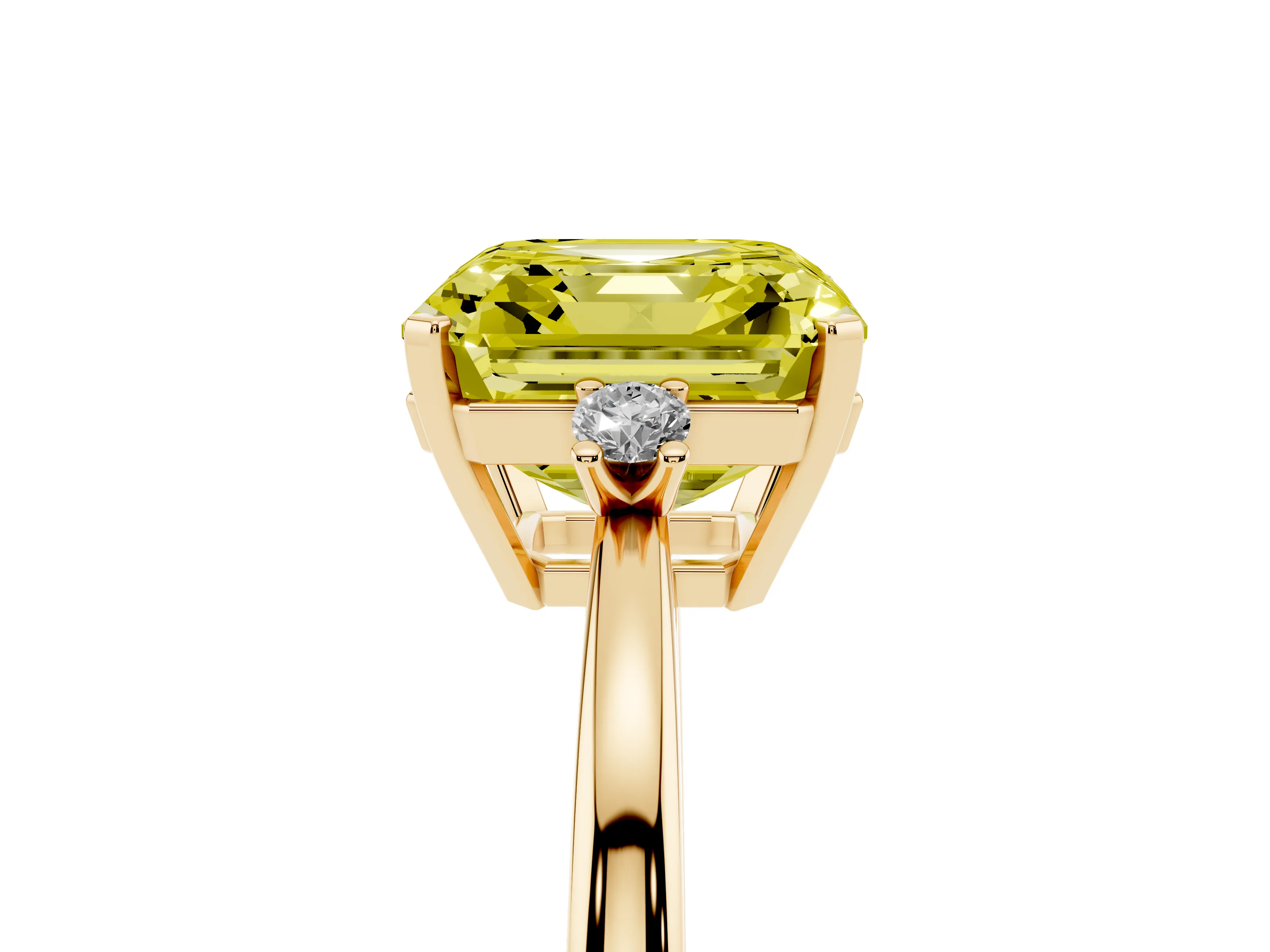 Fancy Yellow Three-Stone Asscher Cut Diamond Solitaire Ring Set in Yellow gold with Round Accent Stones and Prong Setting