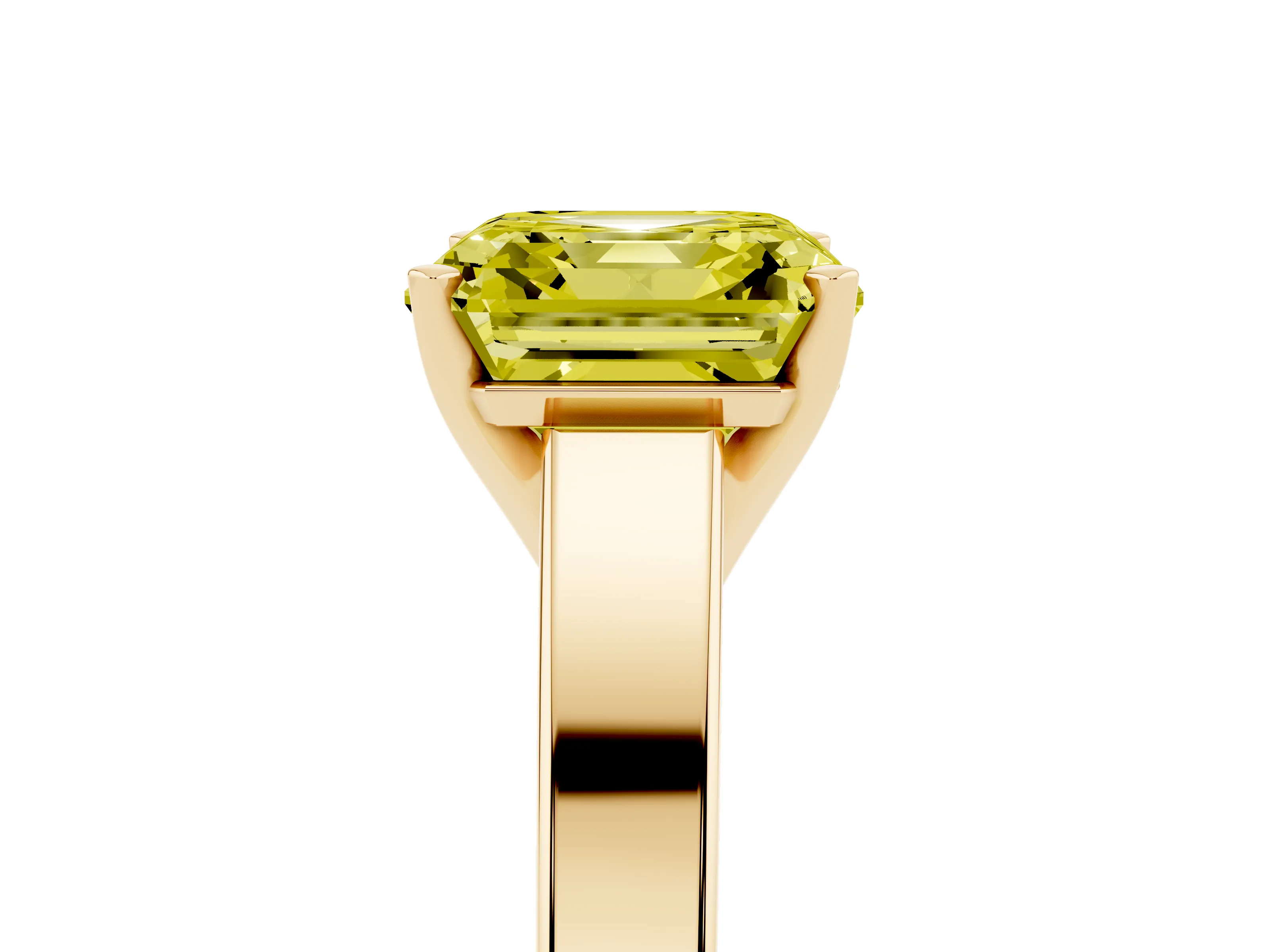 Fancy Yellow Asscher Cut Diamond Solitaire Engagement Ring Set in Yellow gold with Prong Setting and Tapered Band