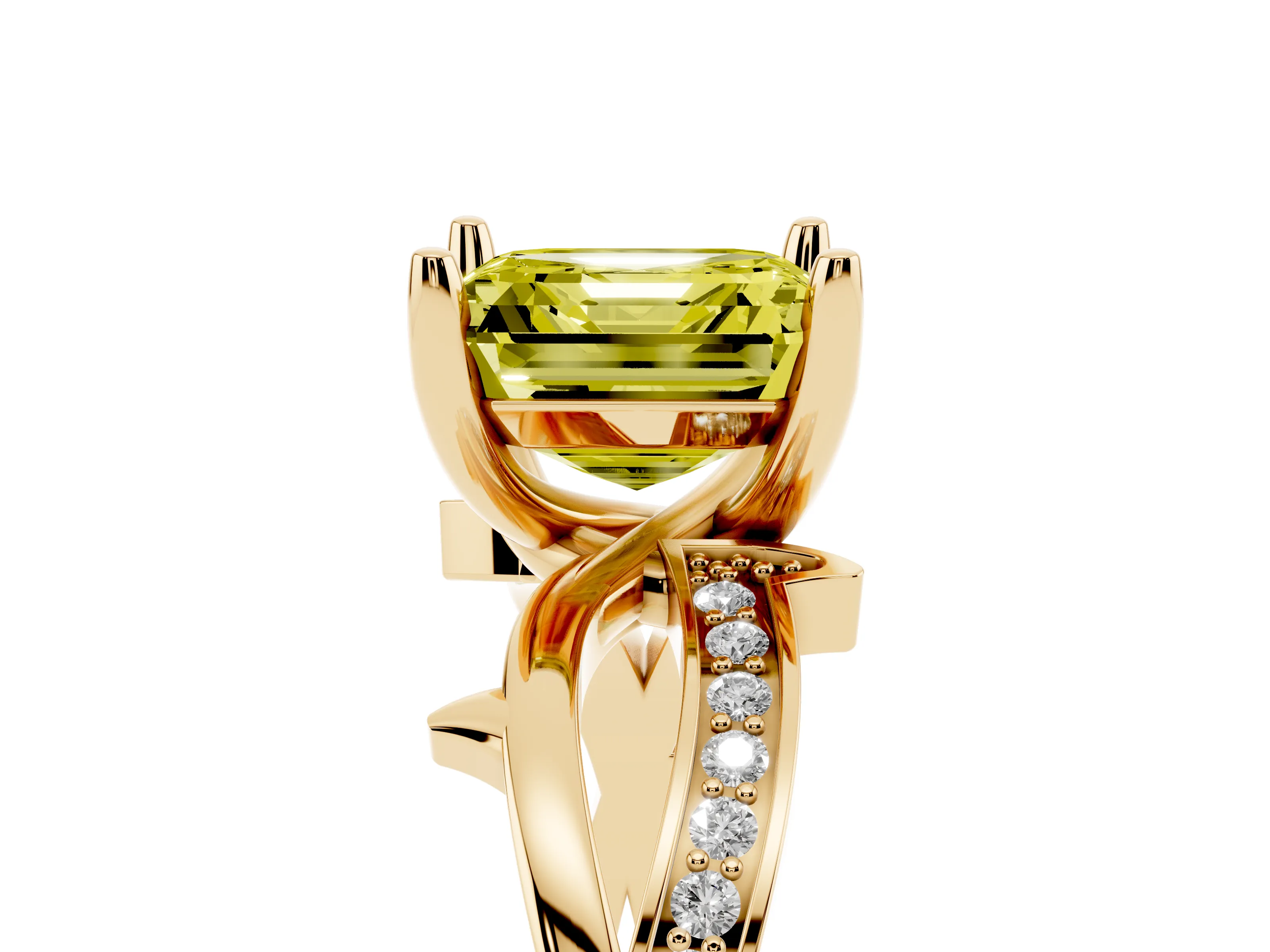 Fancy Yellow Asscher Cut Diamond Pavé Twist Band Solitaire Ring Set in Yellow gold with Prong Setting