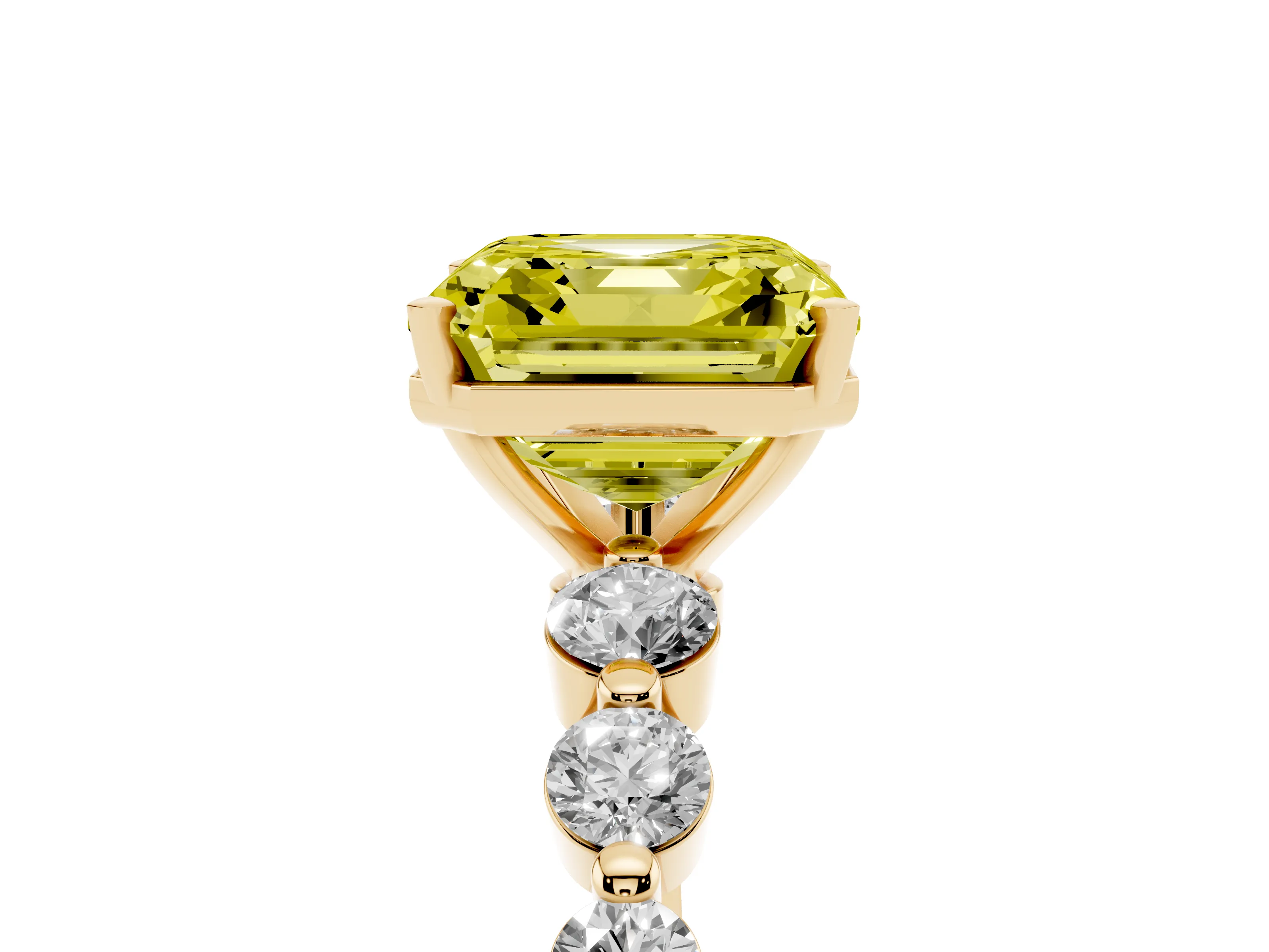 Fancy Yellow Asscher Cut Diamond Solitaire Ring Set in Yellow gold with Pavé Band and Prong Setting