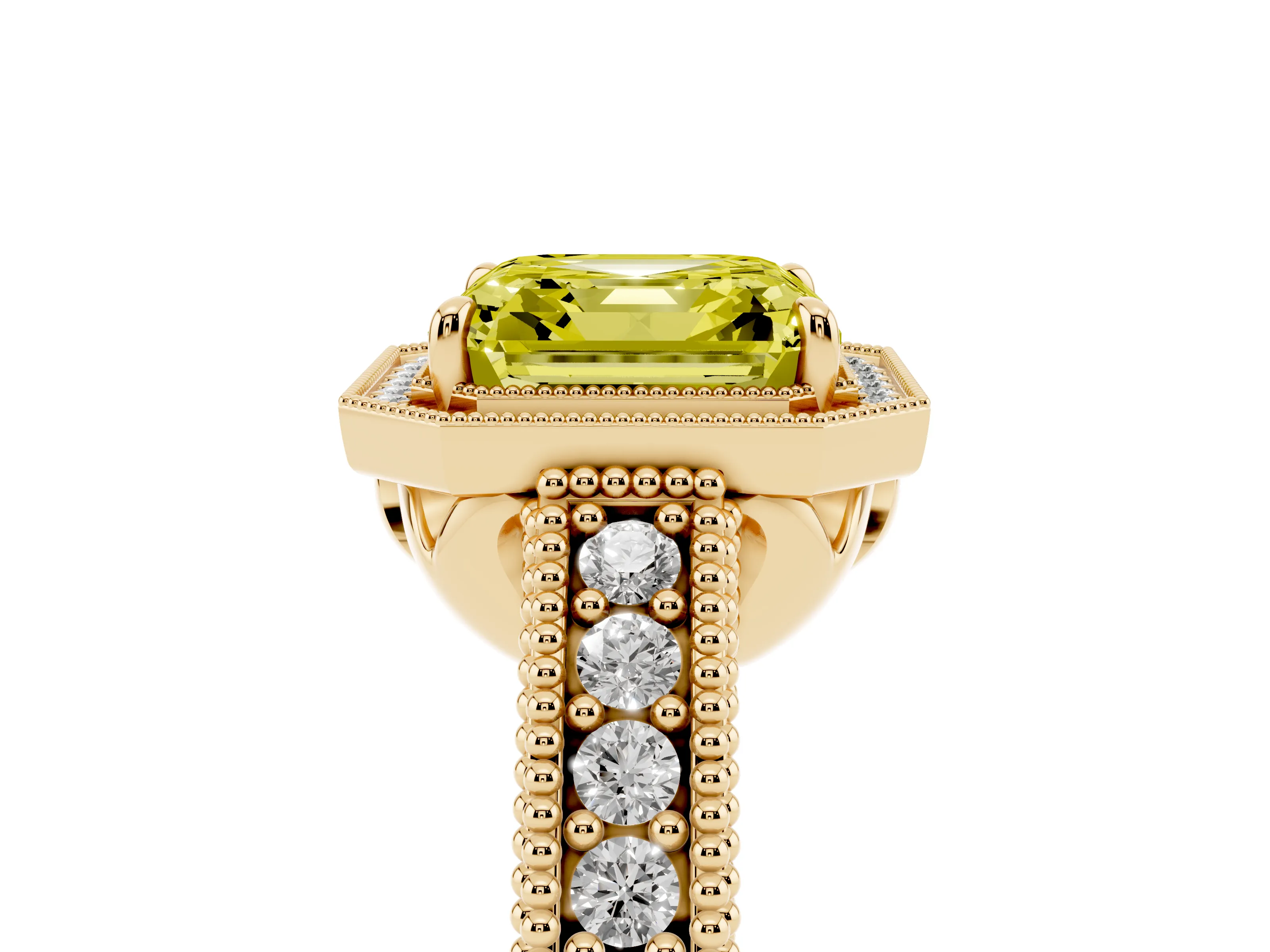 Fancy Yellow Asscher Cut Diamond Halo Ring Set in Yellow gold with Round Accent Halo, Pavé Band and Prong Setting