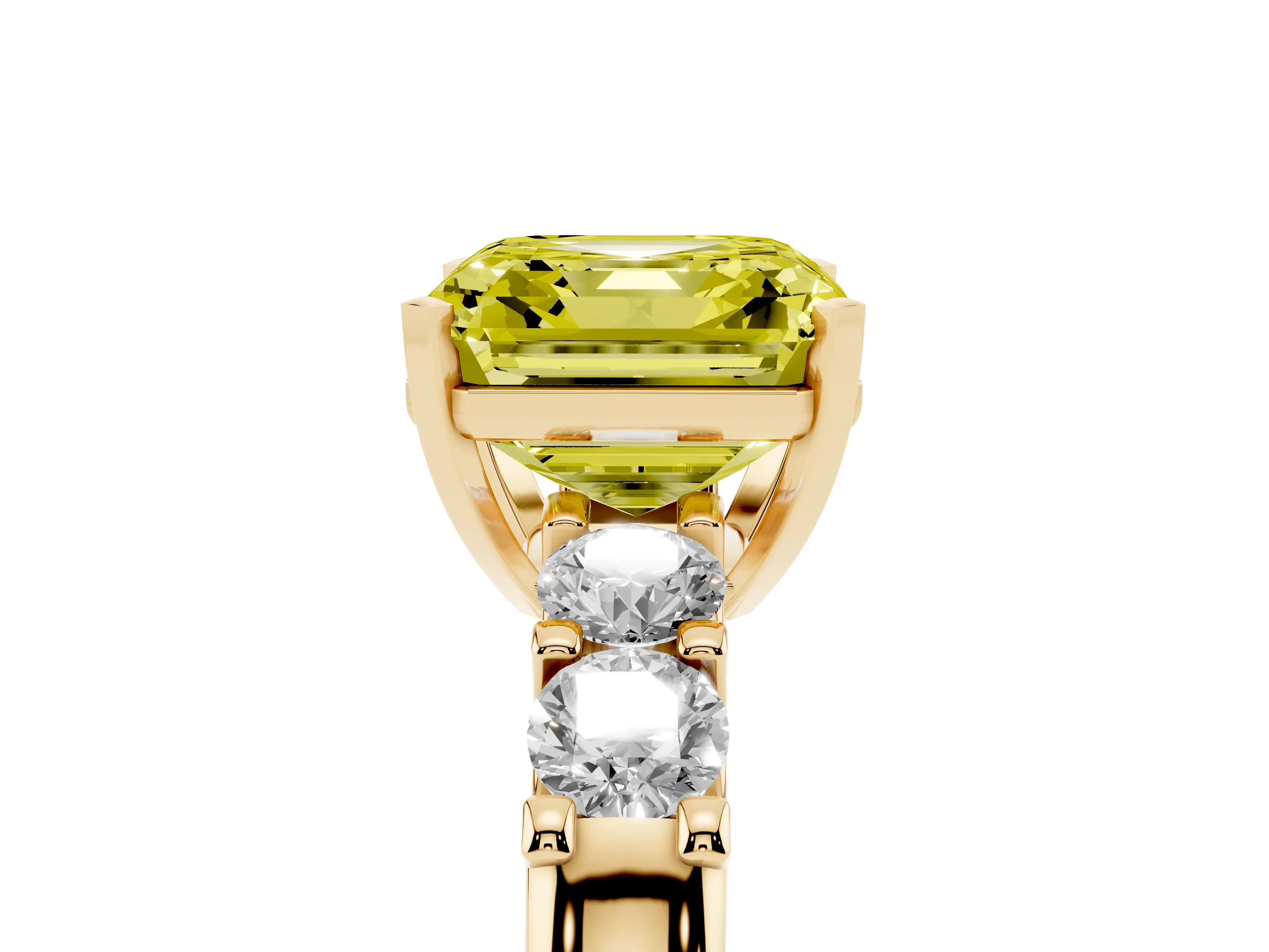 Fancy Yellow Asscher Cut Diamond Five-Stone Prong Set Engagement Ring Set in Yellow gold with Channel Band