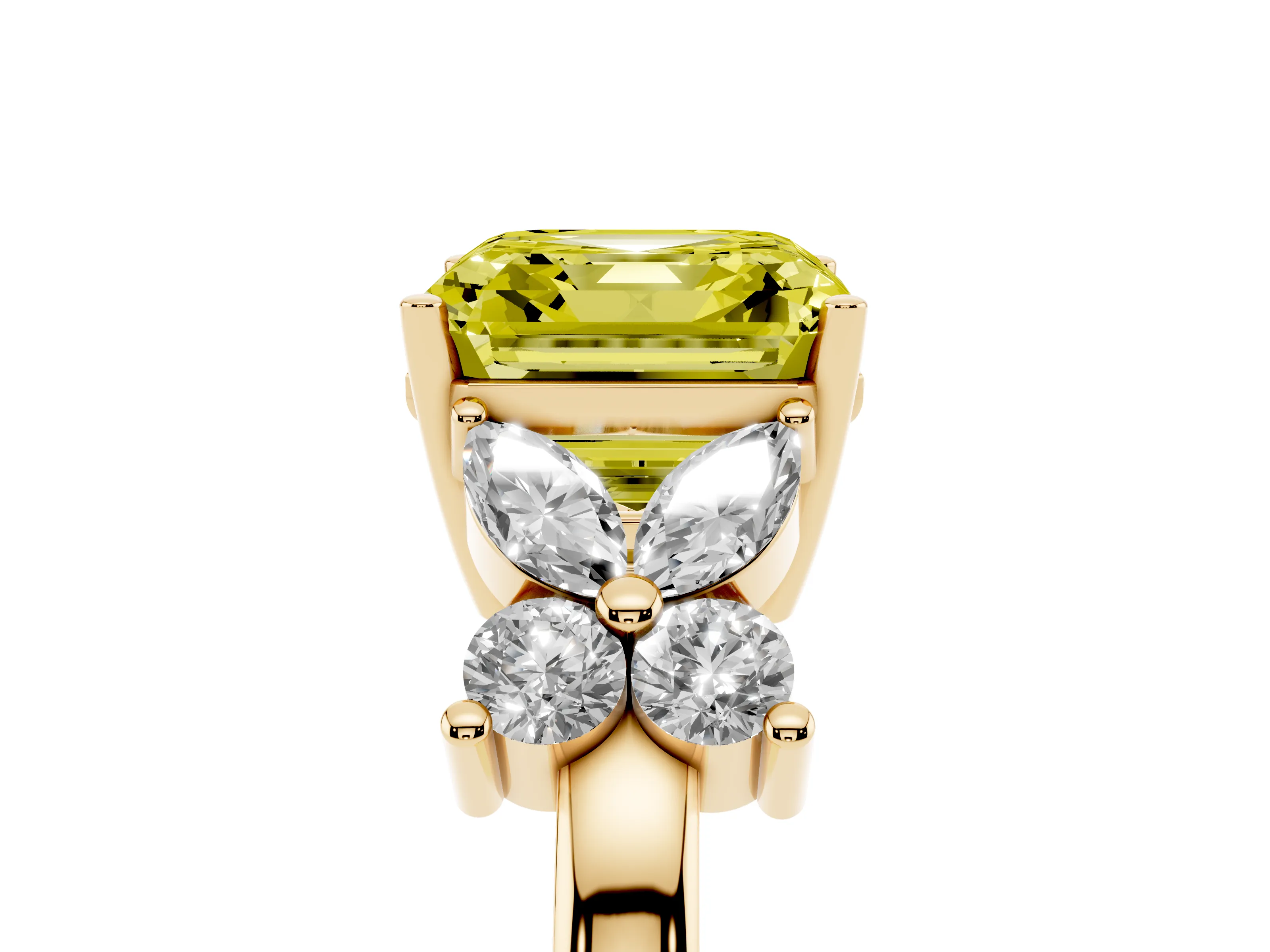 Fancy Yellow Asscher Cut Diamond Floral Cluster Ring Set in Yellow gold with Marquise Petals and Prong Setting
