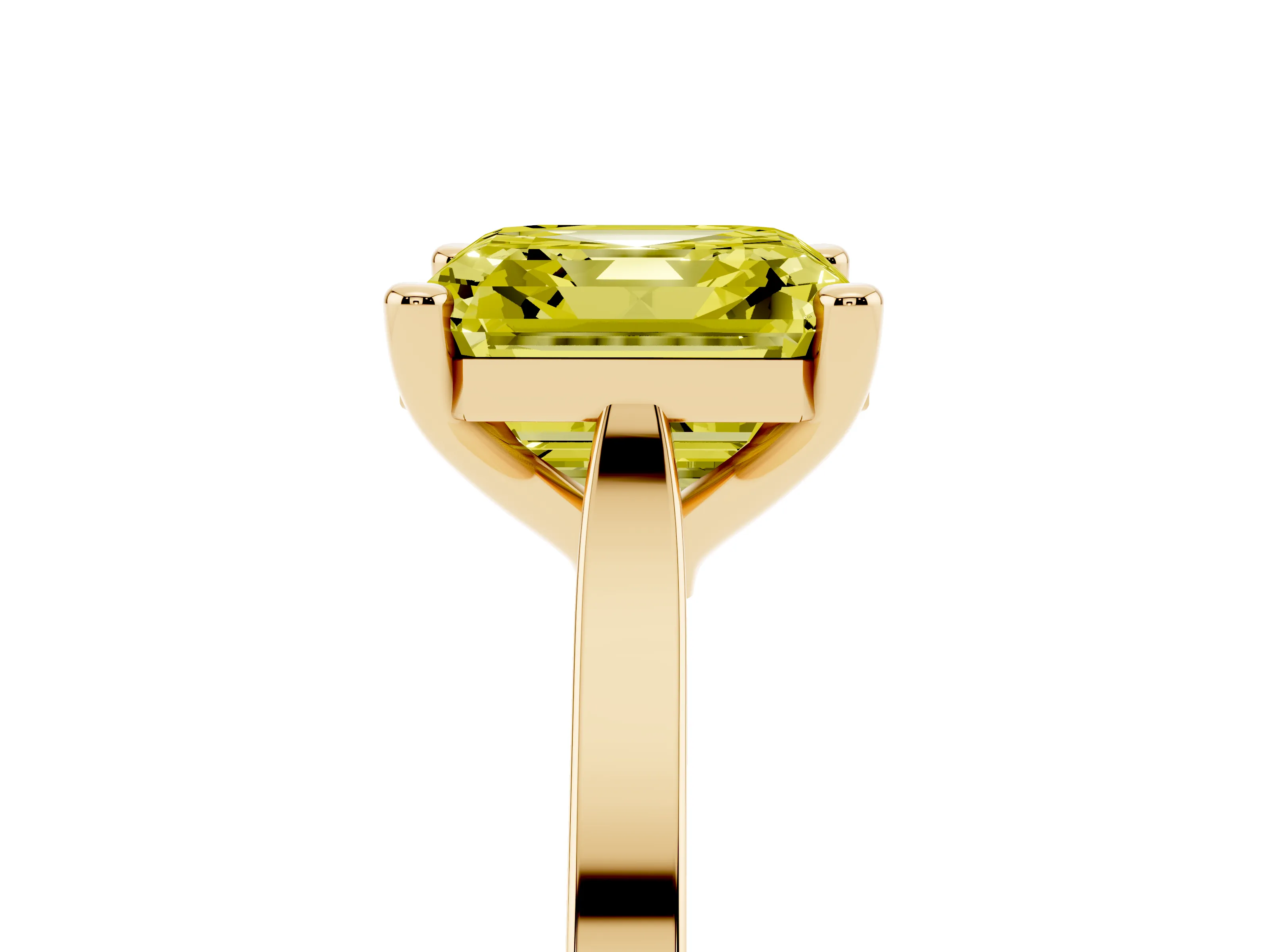 Fancy Yellow Asscher Cut Diamond Solitaire Ring Set in Yellow gold with Prong Setting and Tapered Band