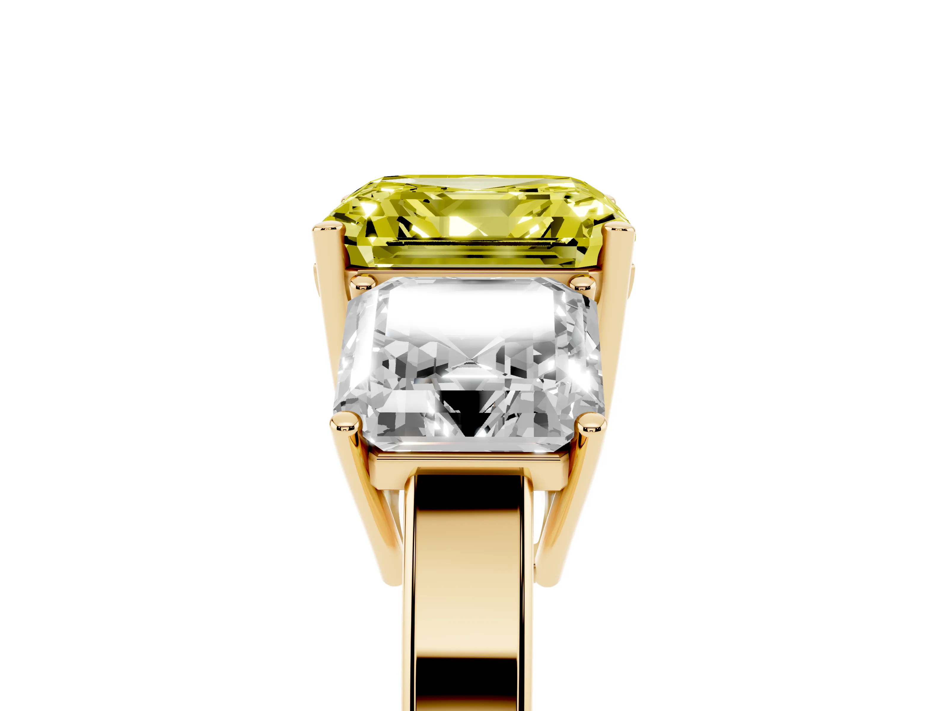 Fancy Yellow Asscher Cut Diamond Three-Stone Engagement Ring Set in Yellow gold with Flat Band
