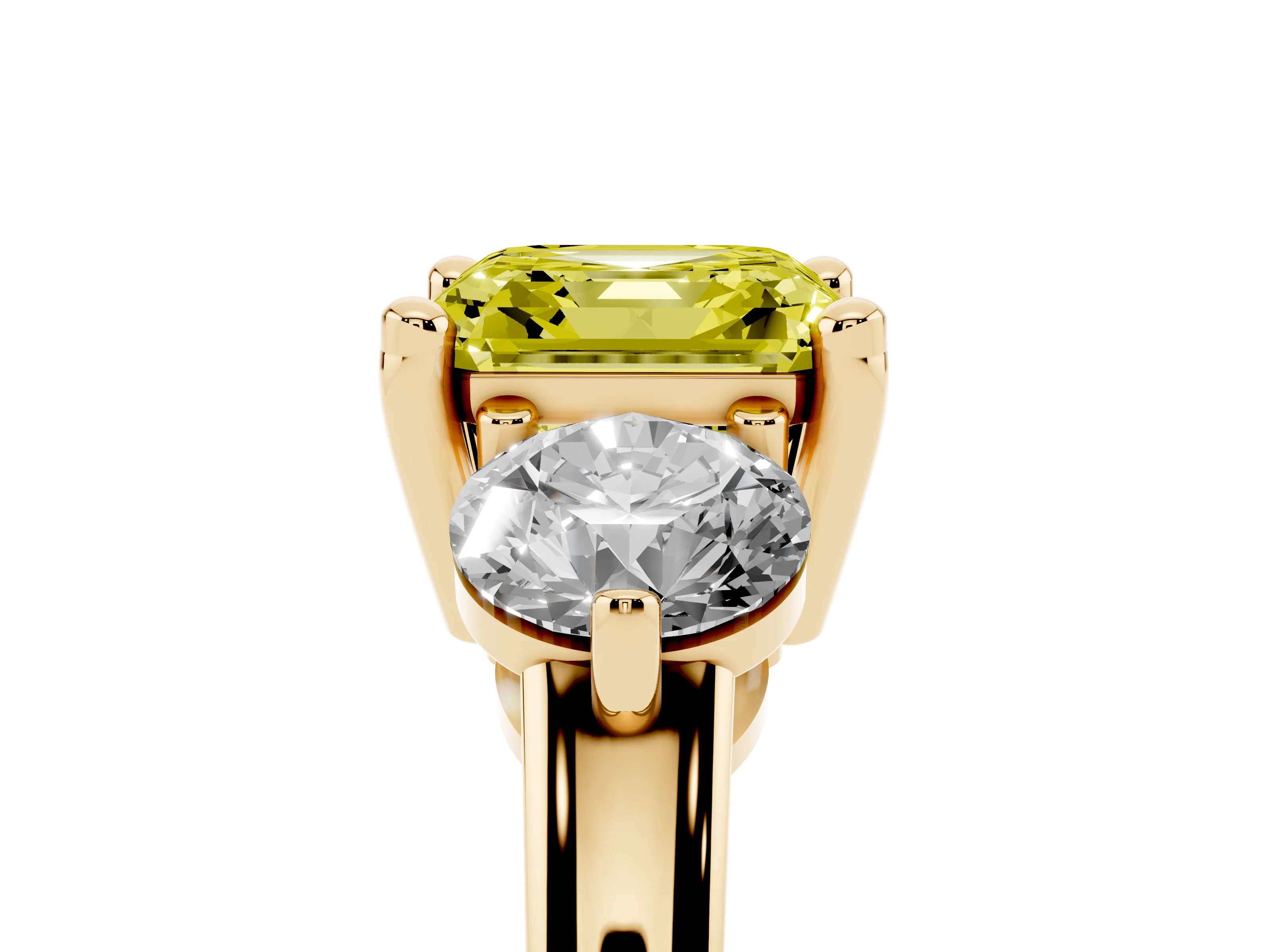 Fancy Yellow Asscher Cut Diamond Three-Stone Ring Set in Yellow gold with Prong Setting and Classic Band